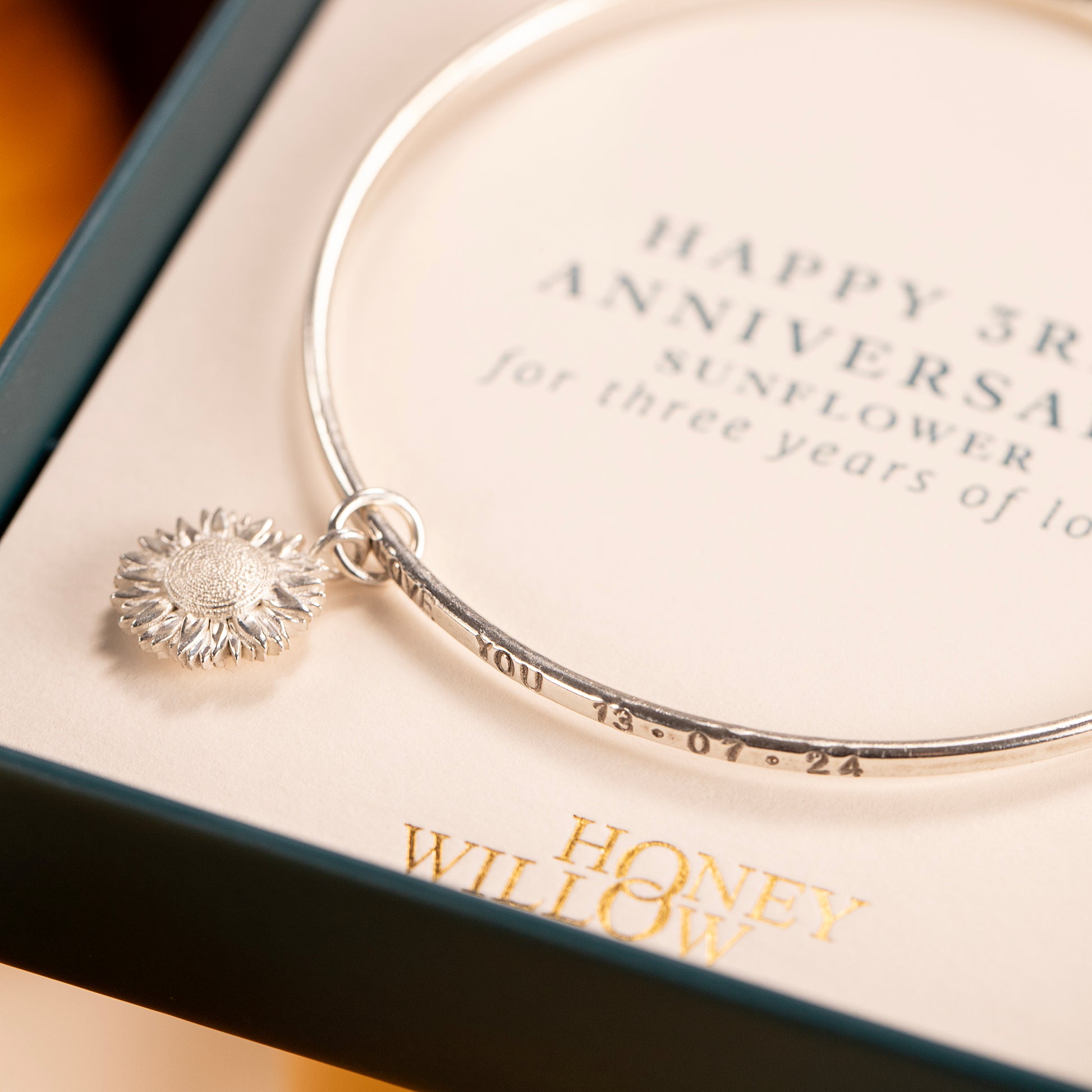 3rd Anniversary Gift - Personalised Sunflower Bangle - Silver