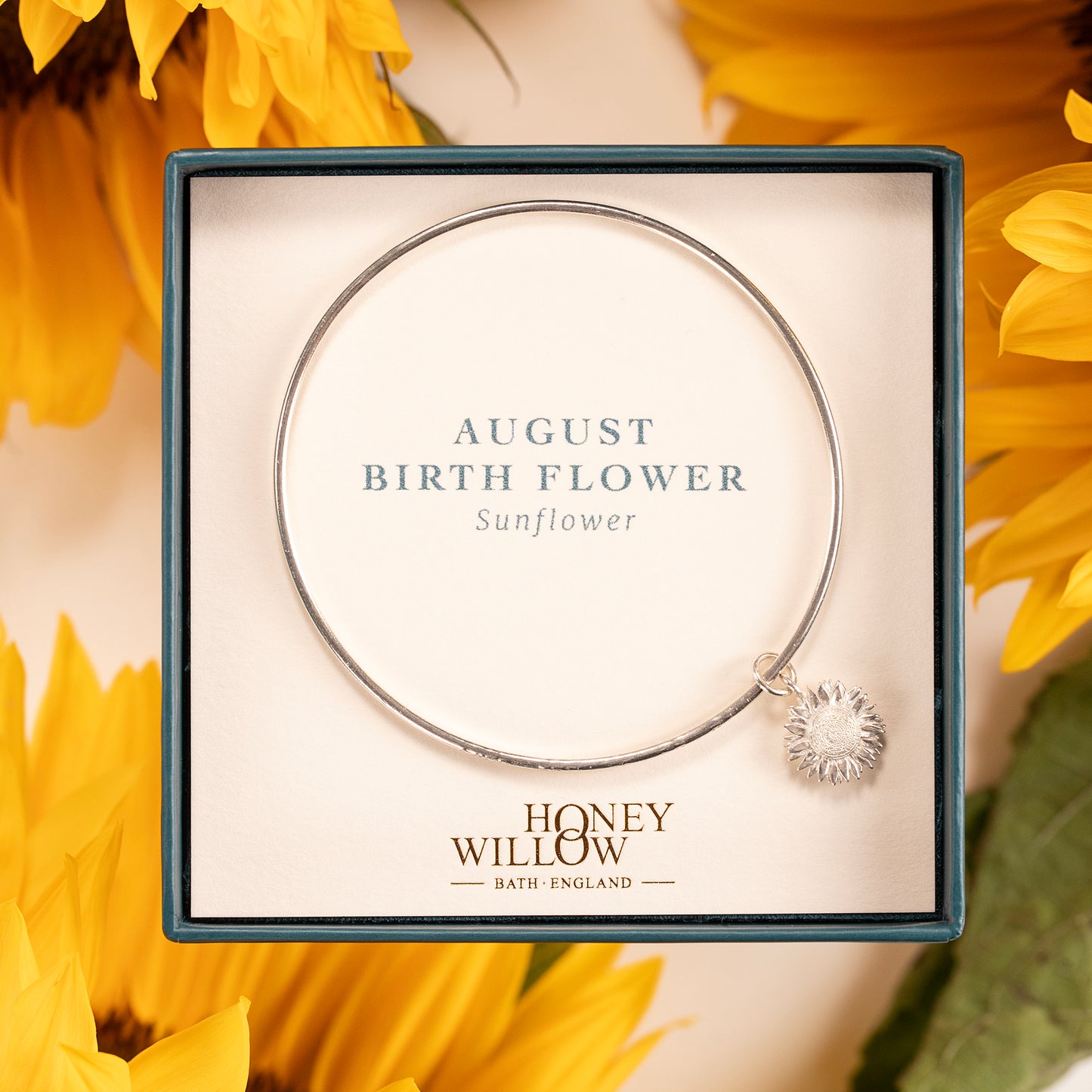 August Birth Flower Jewellery - Personalised Sunflower Bangle - Silver