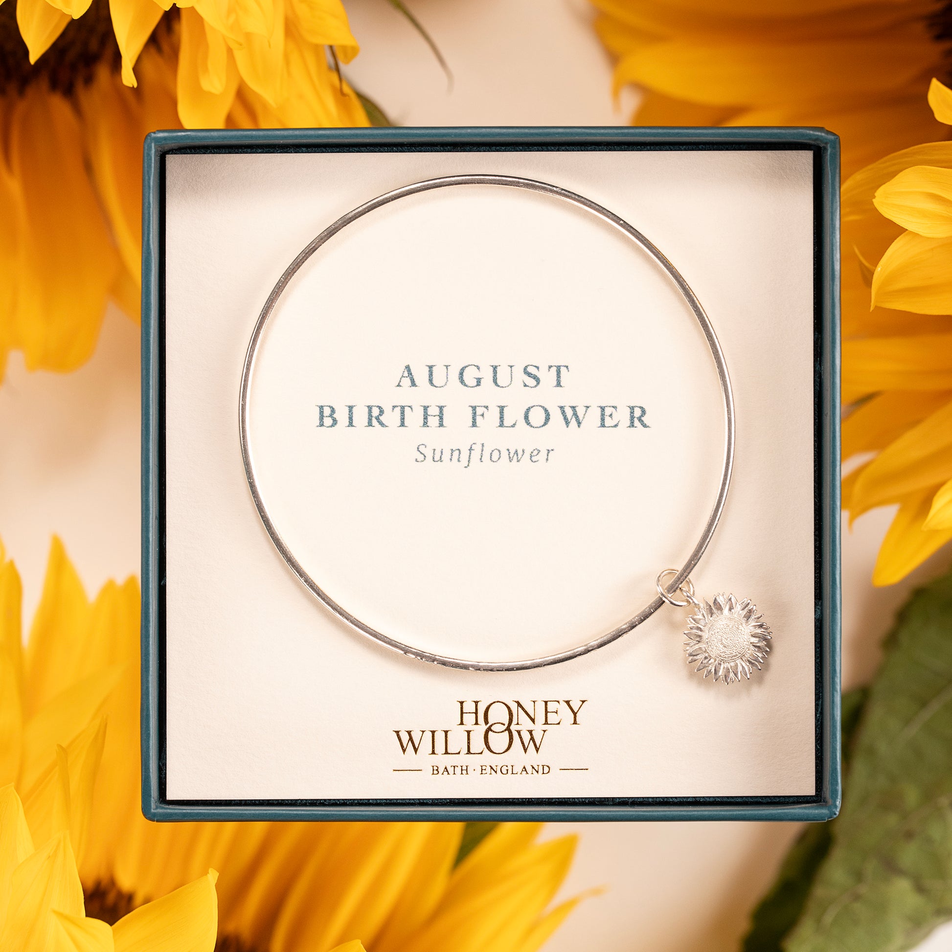 August Birth Flower Jewellery - Personalised Sunflower Bangle - Silver