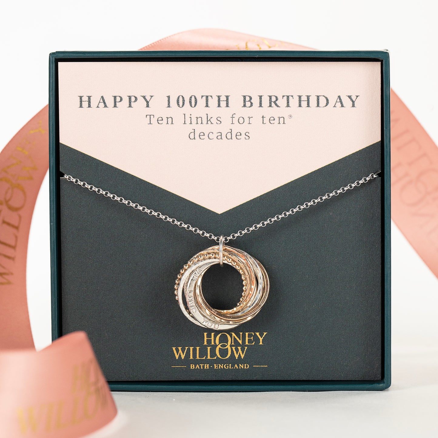 9kt Gold Personalised 100th Birthday Necklace - Hand-Stamped - The Original 10 Links for 10 Decades Necklace - Recycled Rose Gold, Recycled Yellow Gold & Silver