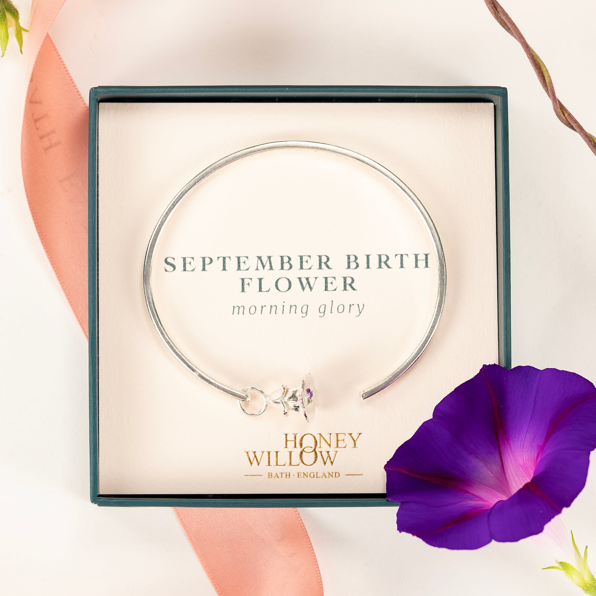 September Birth Flower Jewellery - Personalised Morning Glory Torc Bangle - Silver