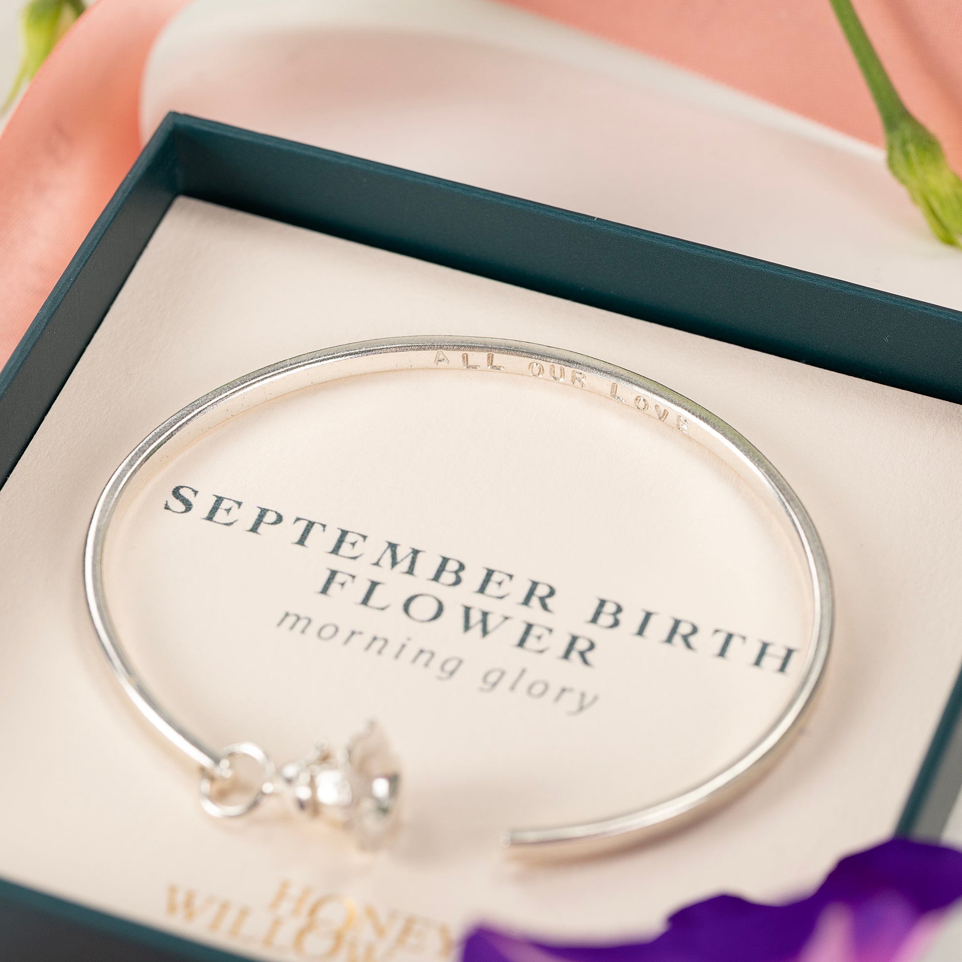 September Birth Flower Jewellery - Personalised Morning Glory Torc Bangle - Silver