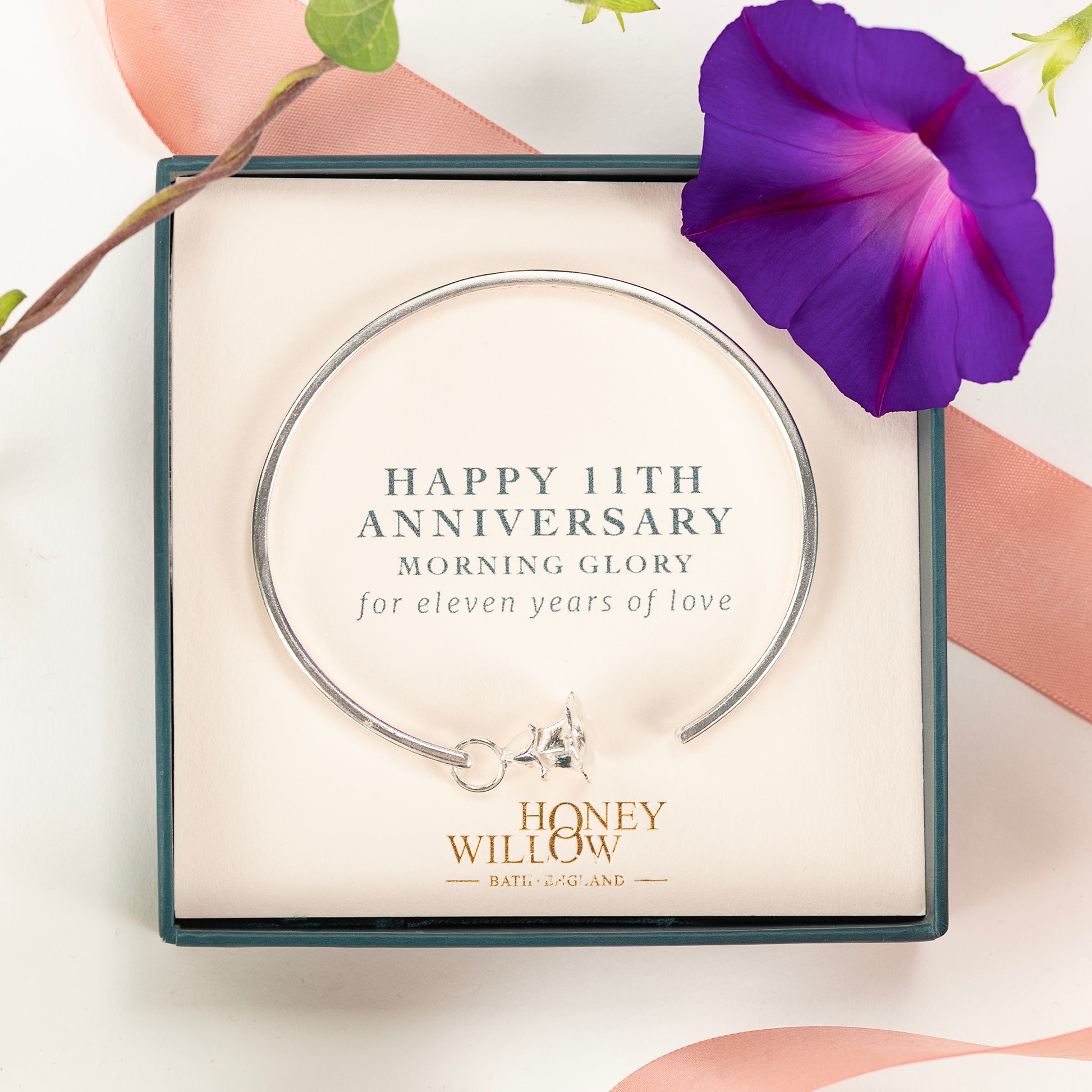 11th Anniversary Gift - Personalised Morning Glory Torc Bangle - Silver