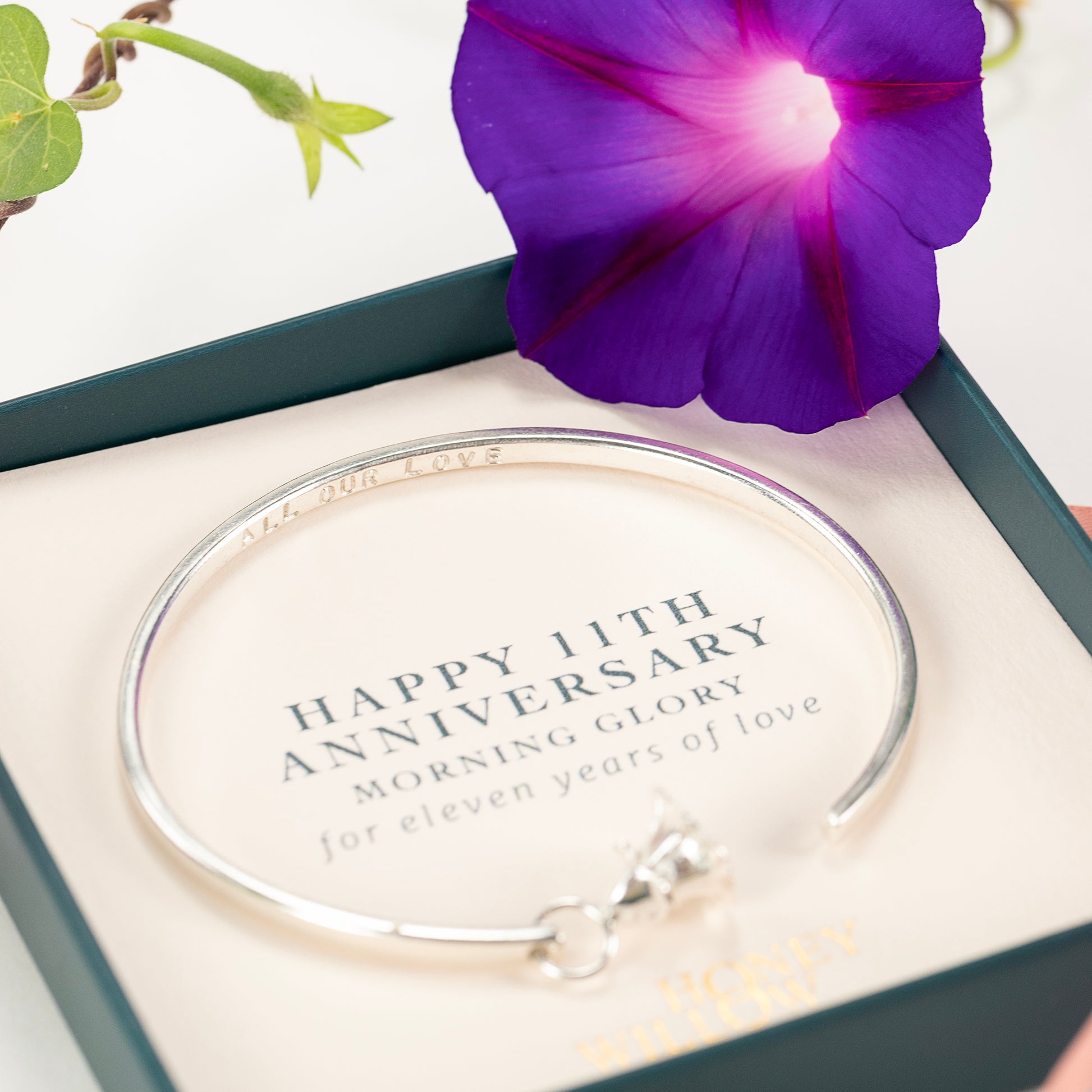 11th Anniversary Gift - Personalised Morning Glory Torc Bangle - Silver