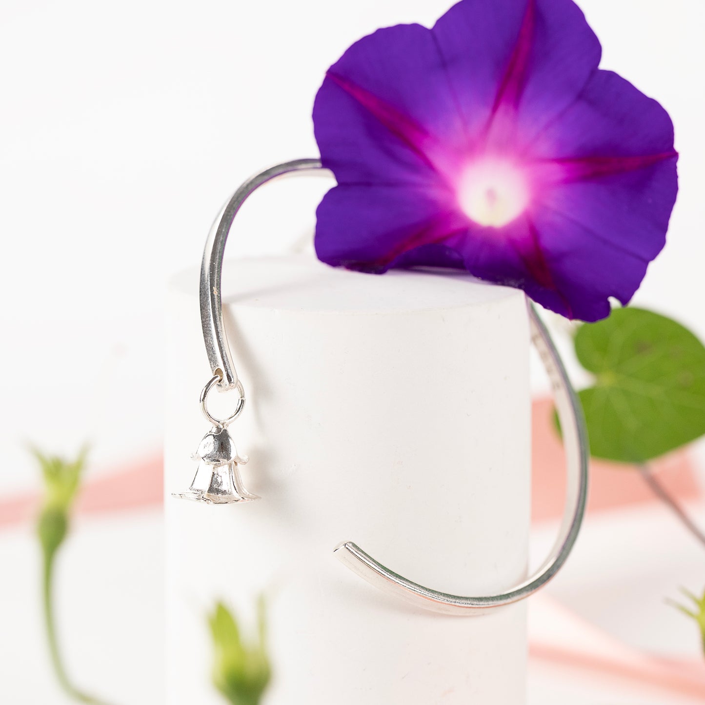 September Birth Flower Jewellery - Personalised Morning Glory Torc Bangle - Silver
