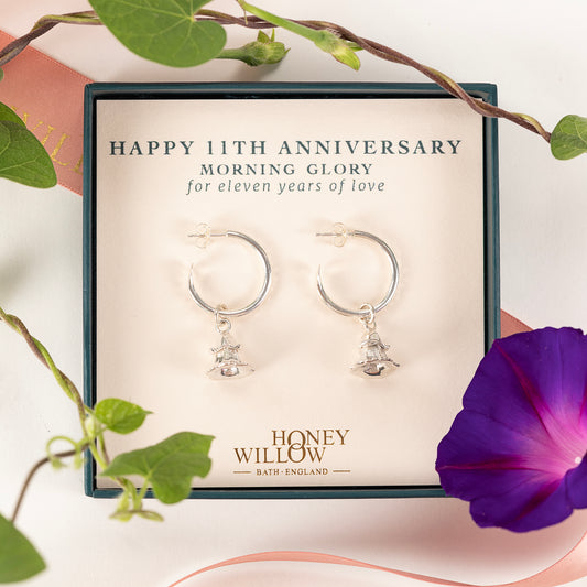 11th Anniversary Gift - Morning Glory Hoop Earrings - Silver - 2cm