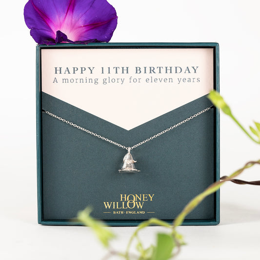 11th Birthday Gift - Morning Glory Flower Necklace - Silver