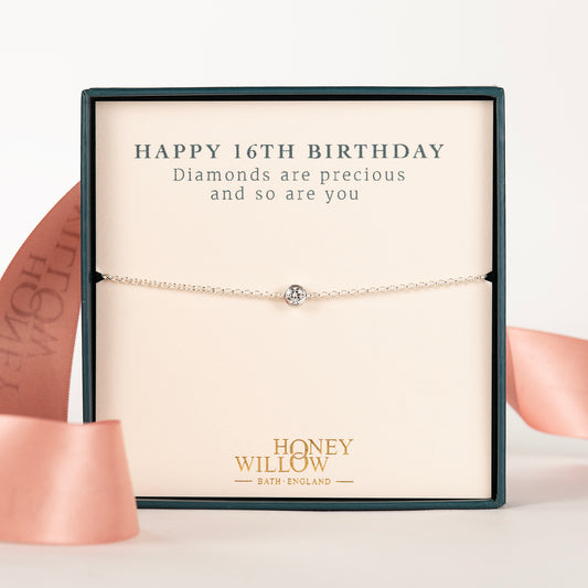 16th Birthday Gift - Single Diamond Bracelet - Lab Grown 4mm Diamond - Silver