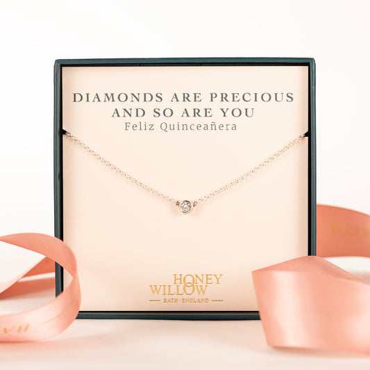 Quinceañera Gift - Single Diamond Necklace - Lab Grown 4mm Diamond - Silver