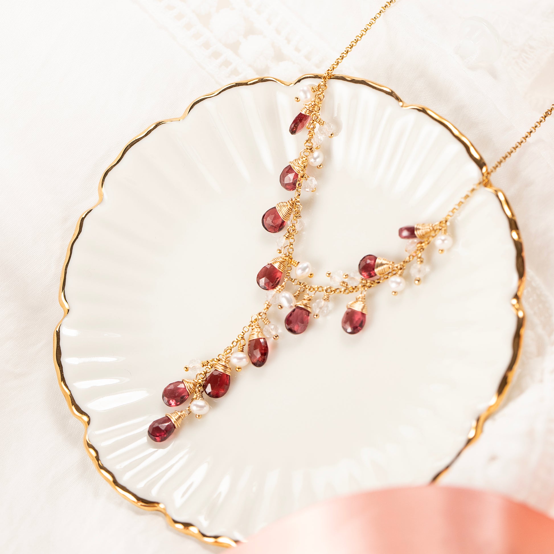 Garnet & Pearl Statement Necklace - Bridgerton Inspired - Agatha