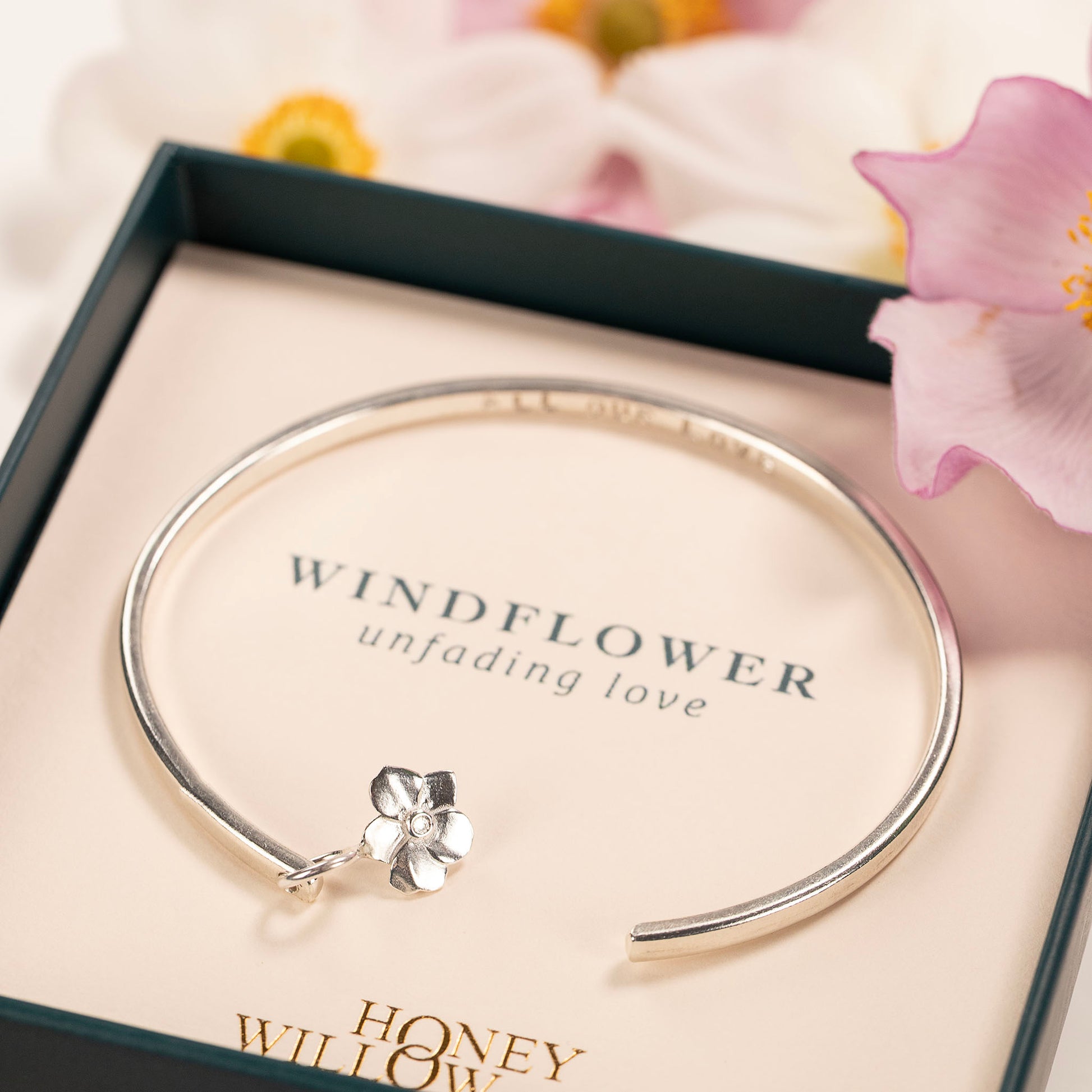 Personalised Windflower Torc Bangle - Unfading Love - Silver