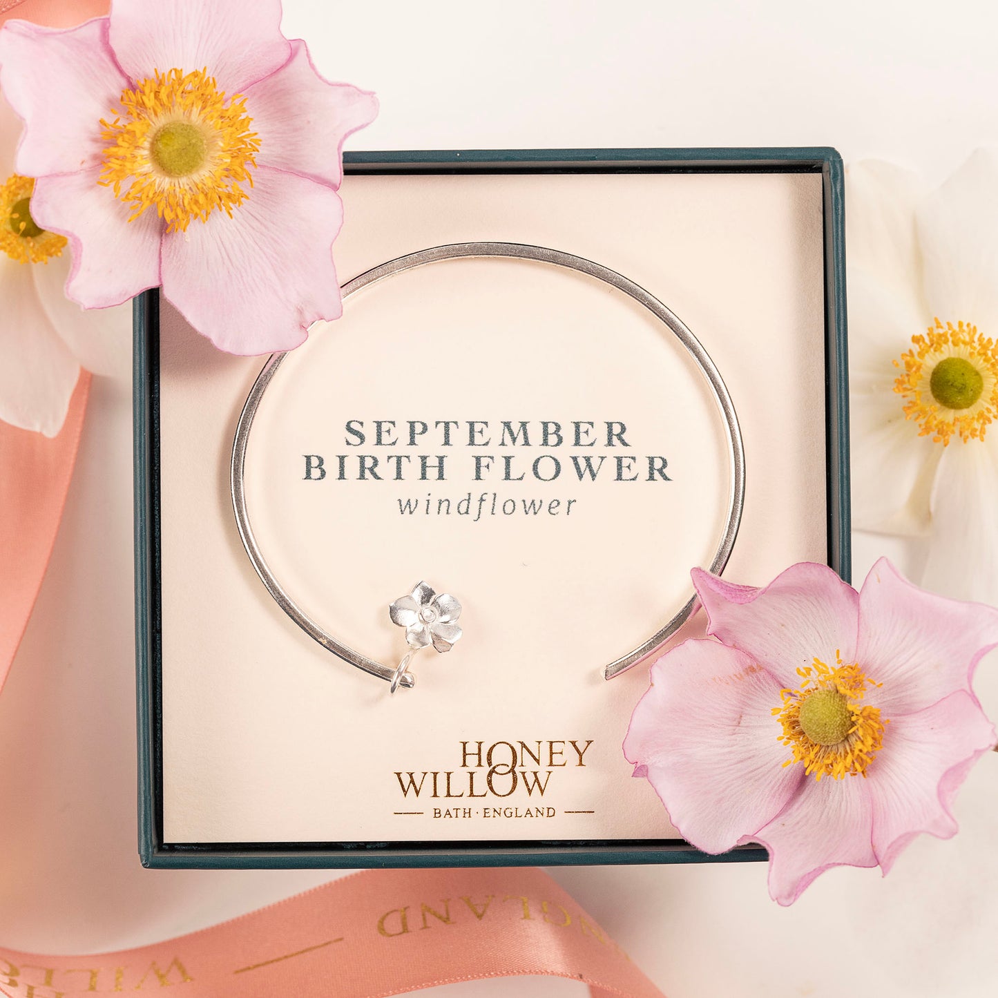 September Birth Flower Jewellery - Personalised Windflower Torc Bangle - Silver