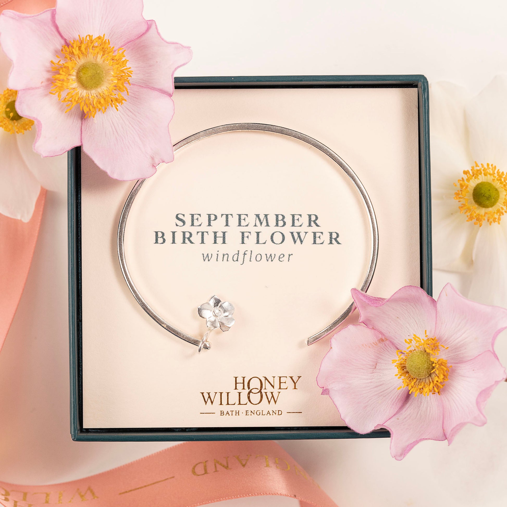 September Birth Flower Jewellery - Personalised Windflower Torc Bangle - Silver