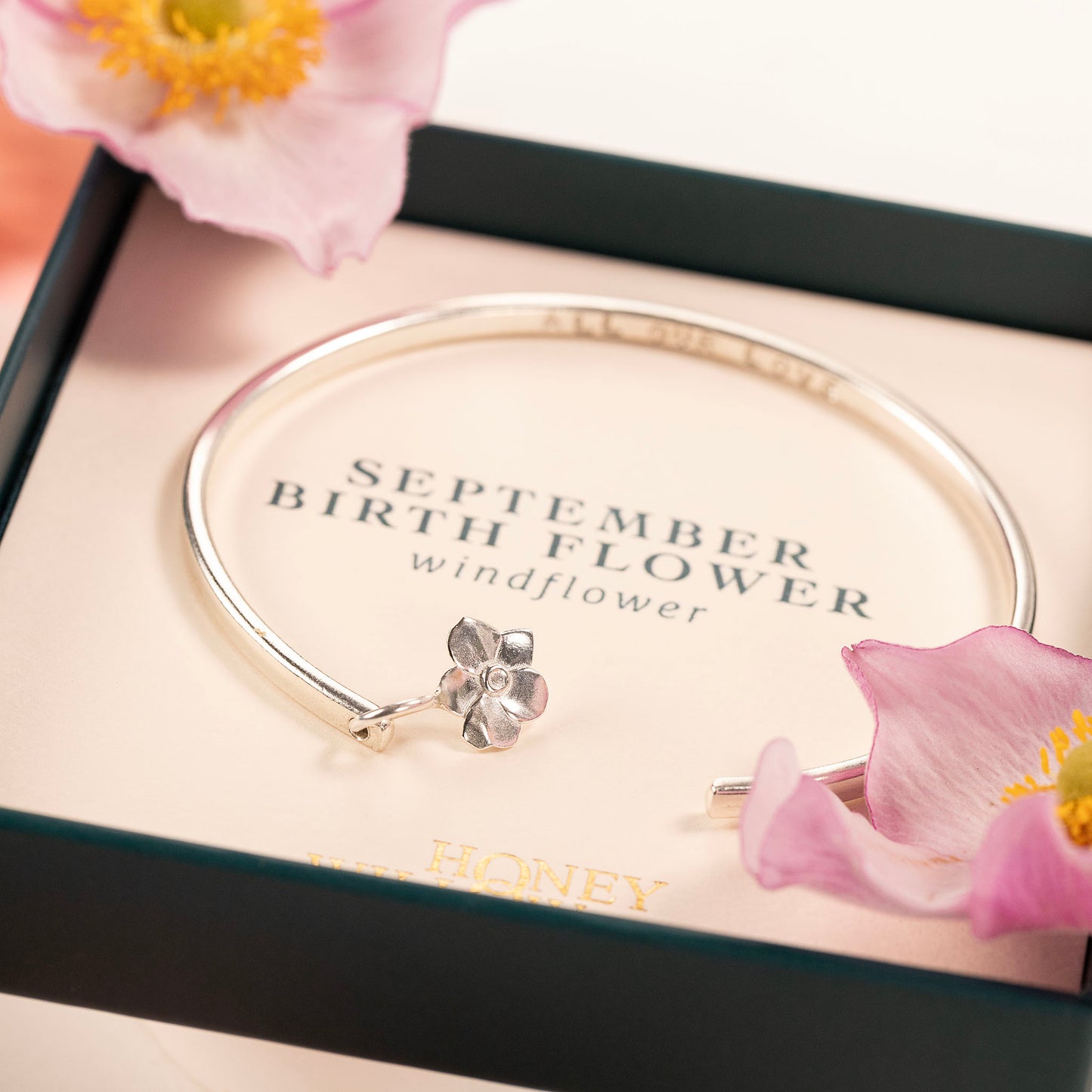 September Birth Flower Jewellery - Personalised Windflower Torc Bangle - Silver