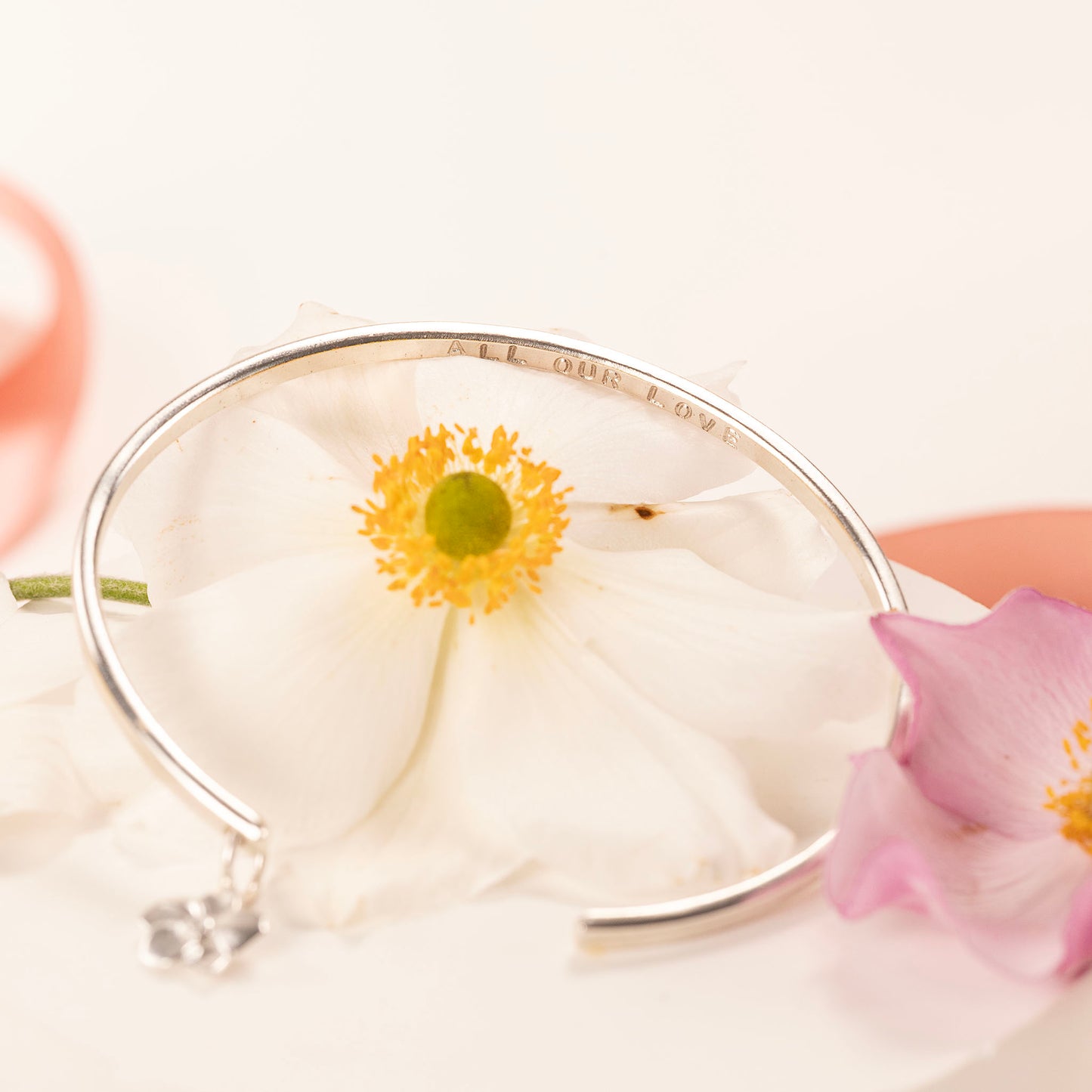 September Birth Flower Jewellery - Personalised Windflower Torc Bangle - Silver