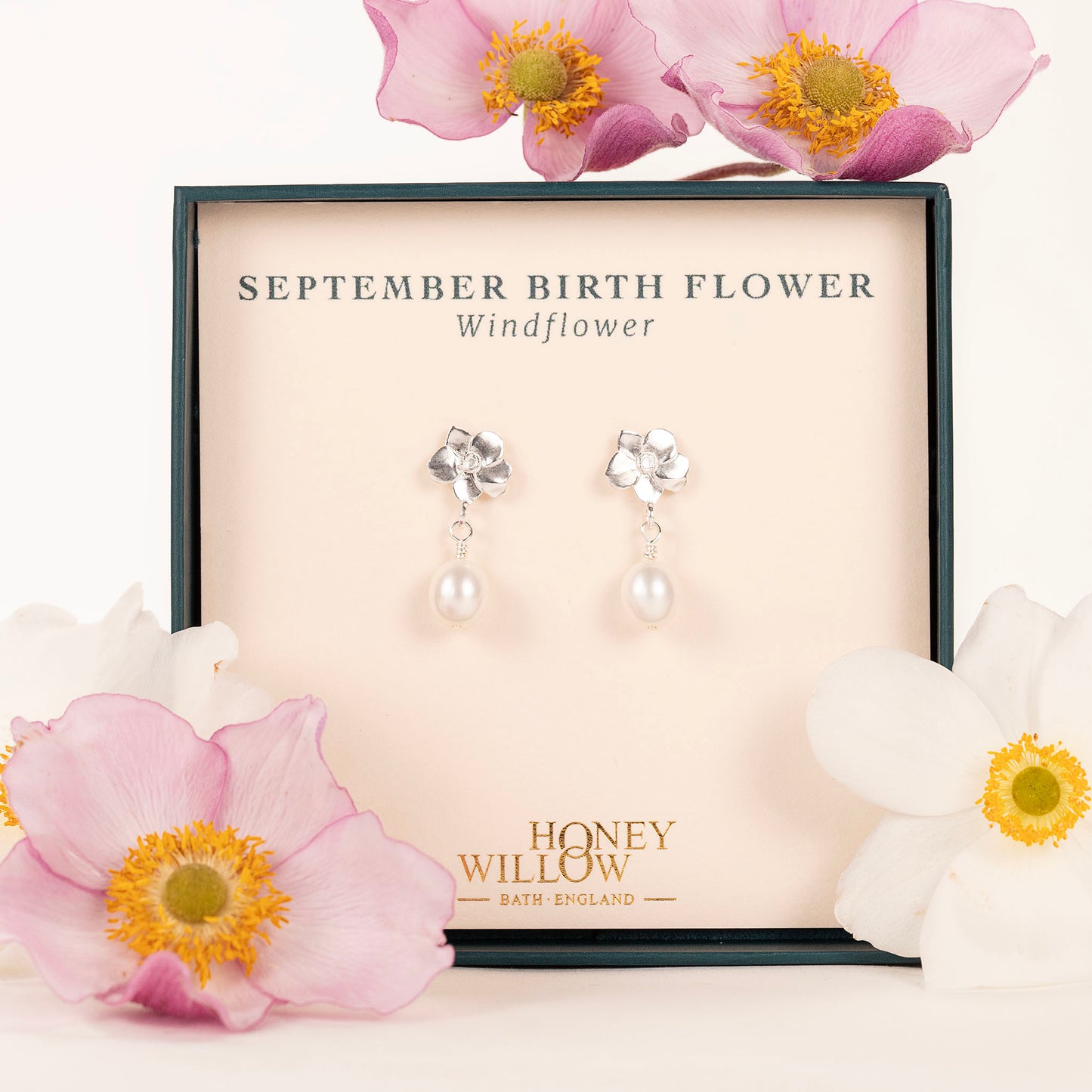 September Birth Flower Earrings - Windflower - Silver & Pearl