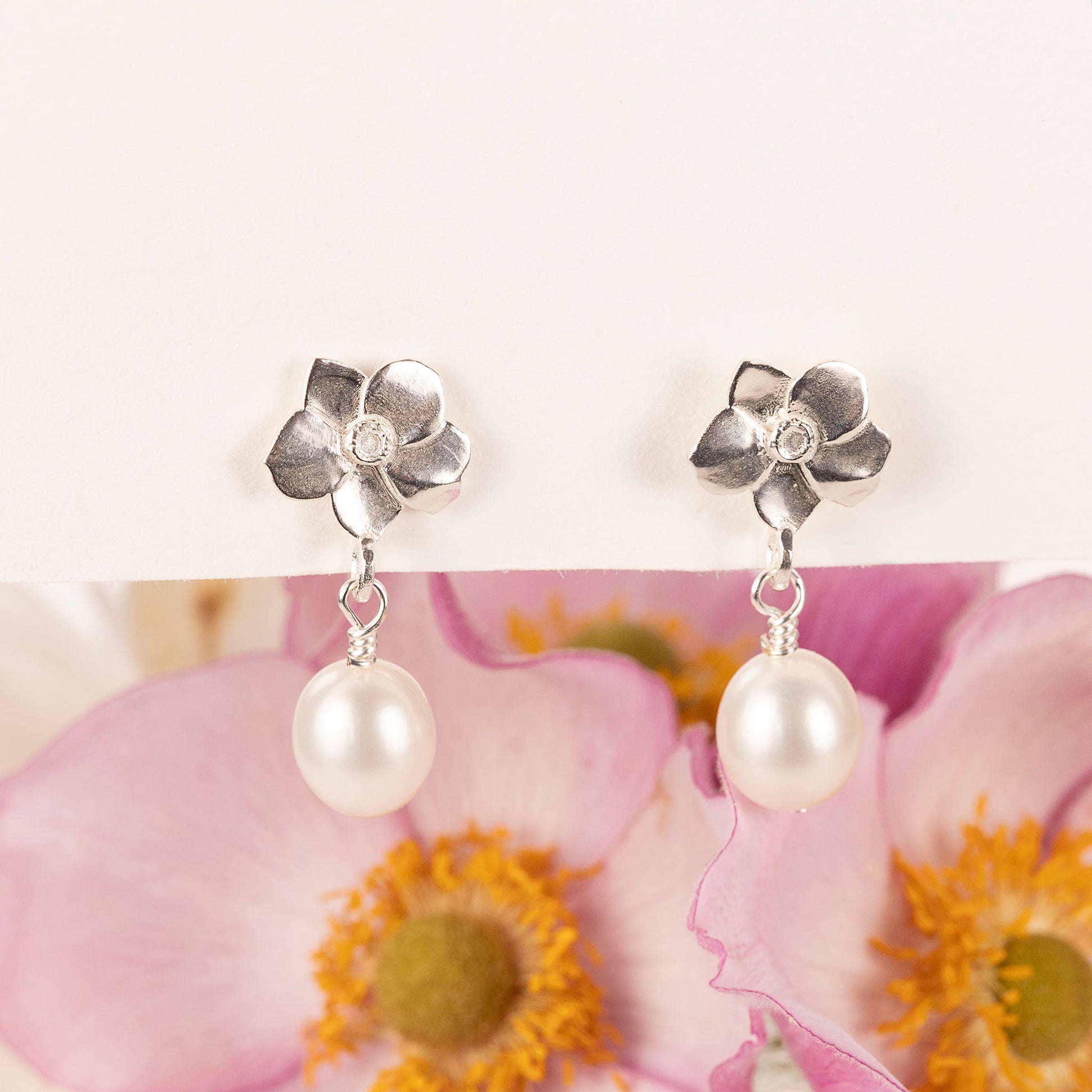 Windflower Earrings - Unfading Love - Silver & Pearl