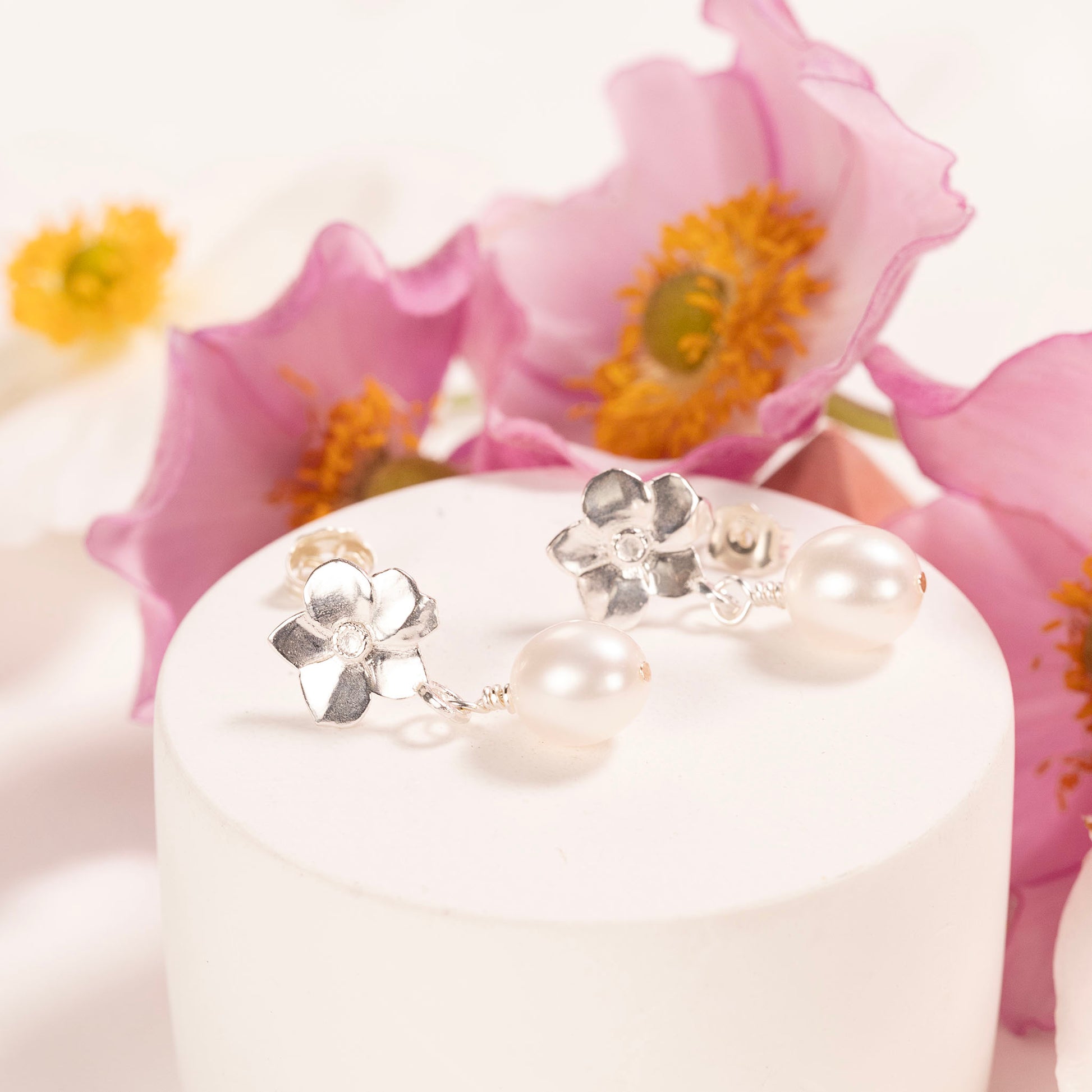 September Birth Flower Earrings - Windflower - Silver & Pearl