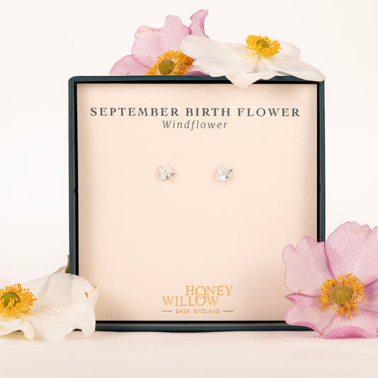 September Birth Flower Stud Earrings - Windflower - Silver