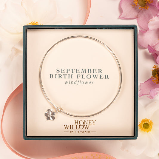September Birth Flower Jewellery - Personalised Windflower Bangle - Silver
