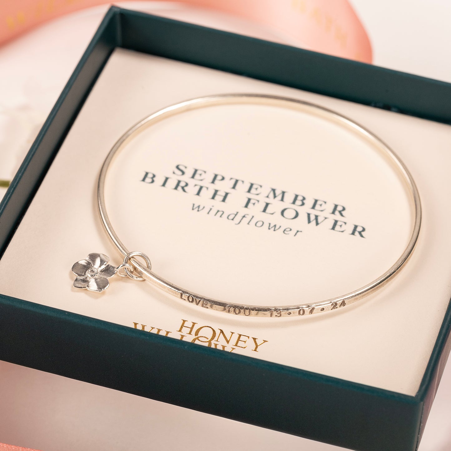 September Birth Flower Jewellery - Personalised Windflower Bangle - Silver