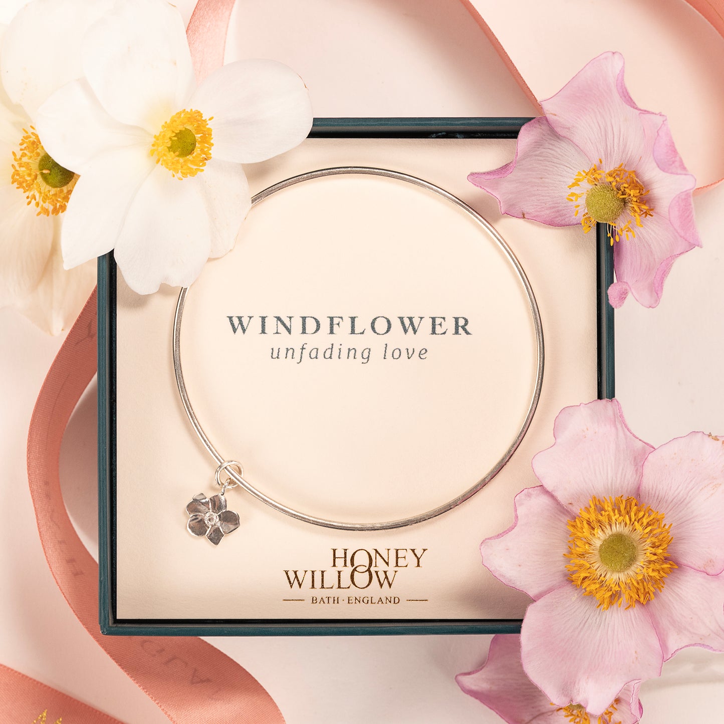 Personalised Windflower Flower Bangle - Unfading Love - Silver