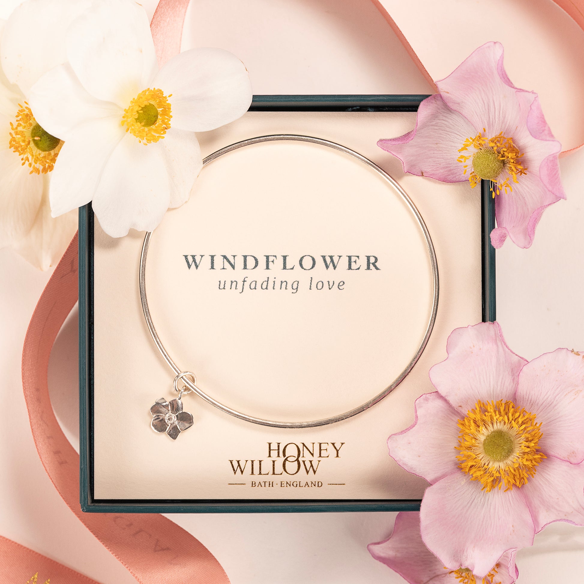 Personalised Windflower Flower Bangle - Unfading Love - Silver