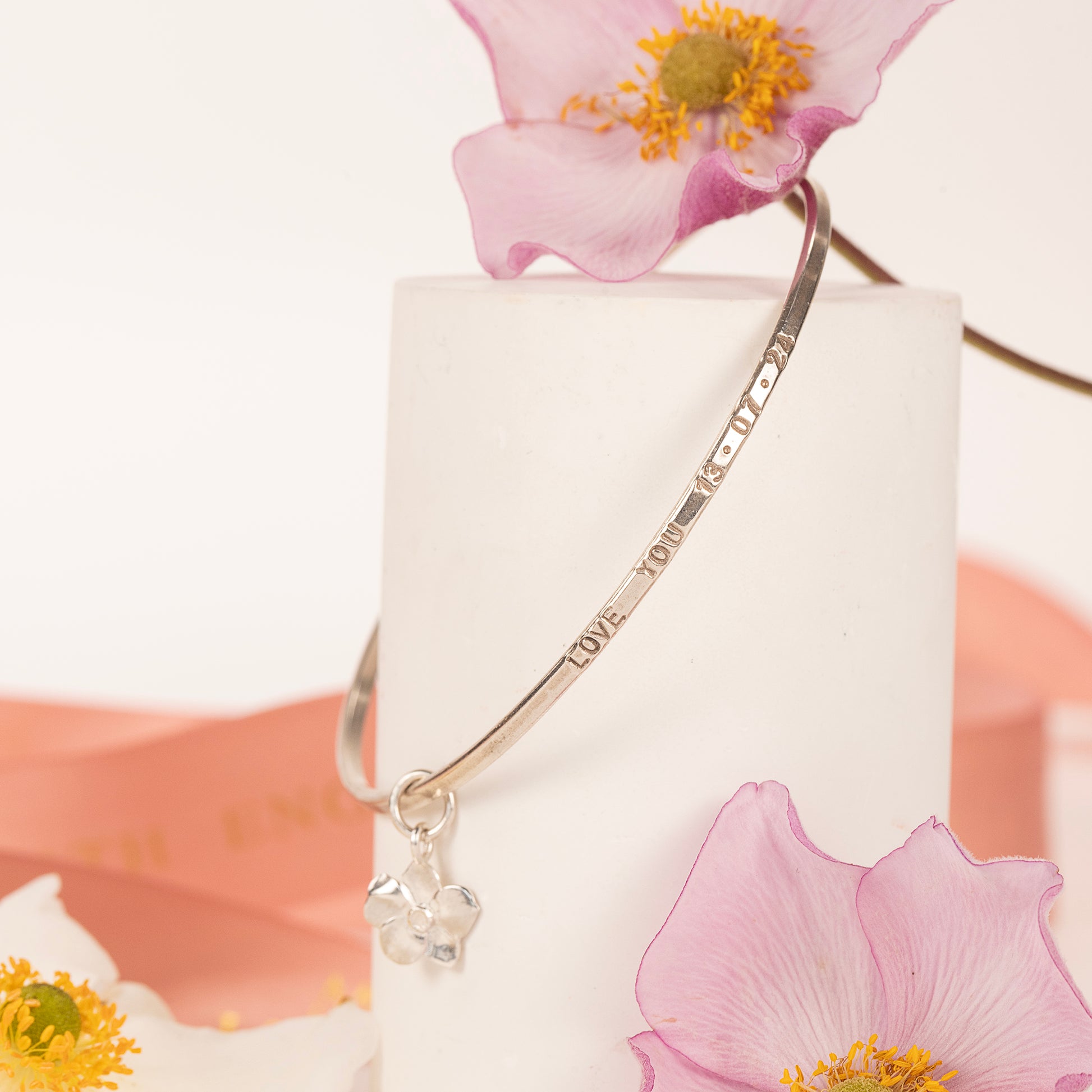 Personalised Windflower Flower Bangle - Unfading Love - Silver