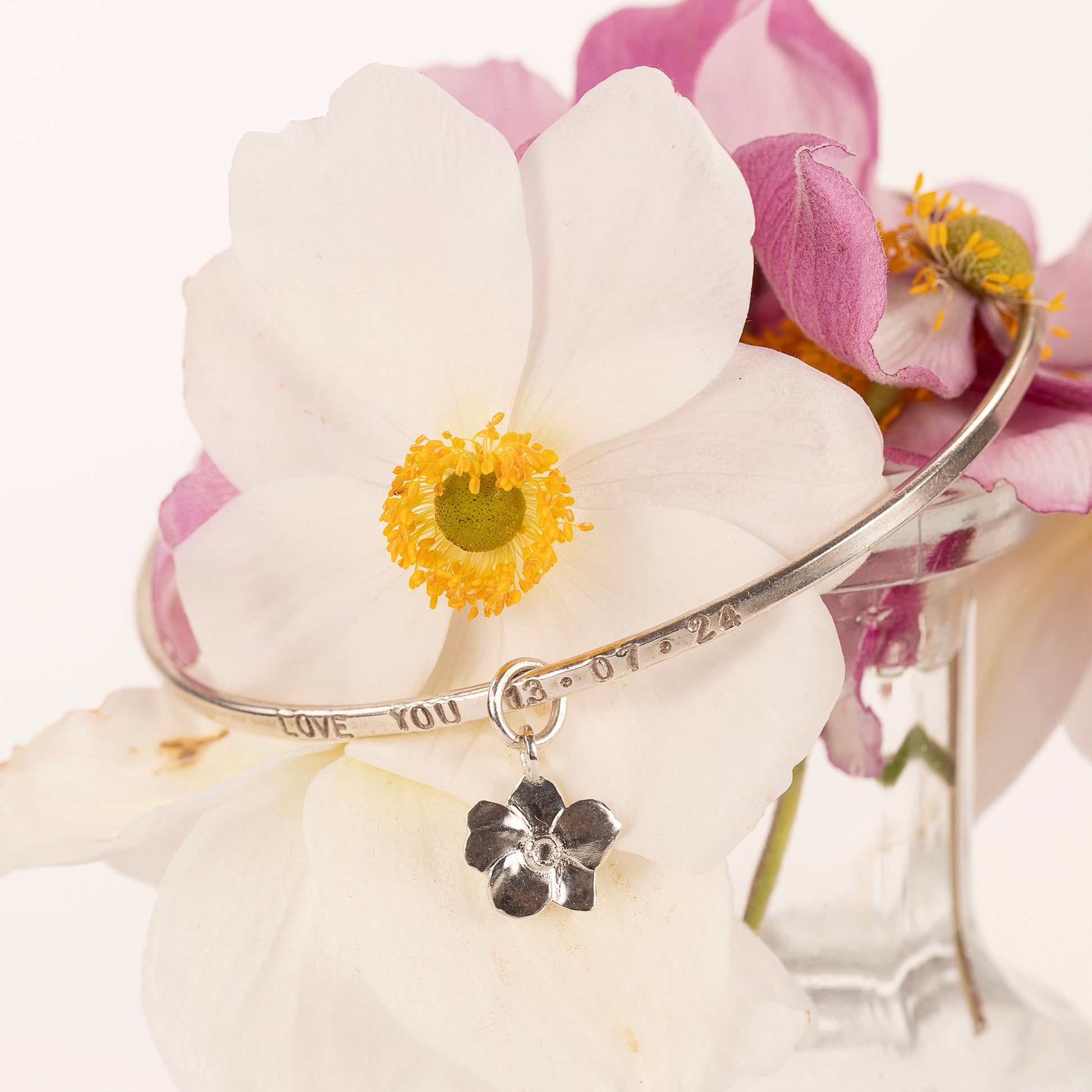 September Birth Flower Jewellery - Personalised Windflower Bangle - Silver