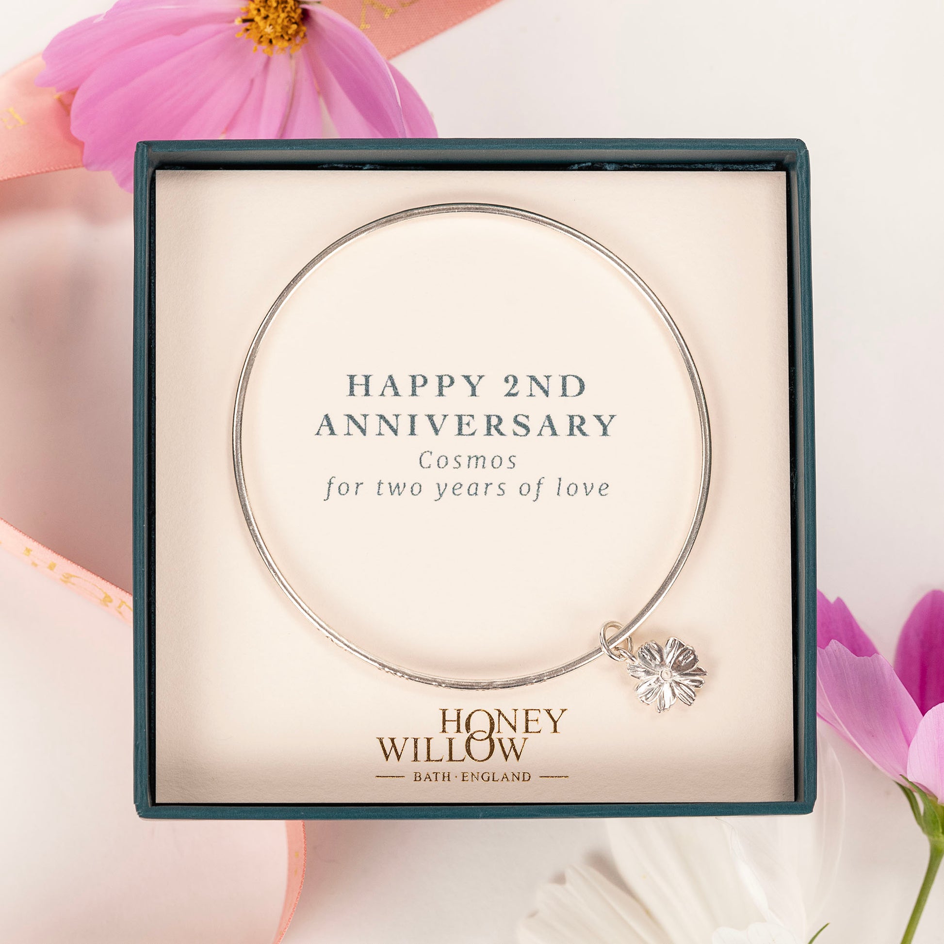 2nd Anniversary Gift - Personalised Cosmos Bangle - Silver