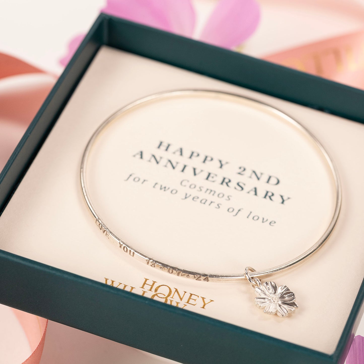 2nd Anniversary Gift - Personalised Cosmos Bangle - Silver