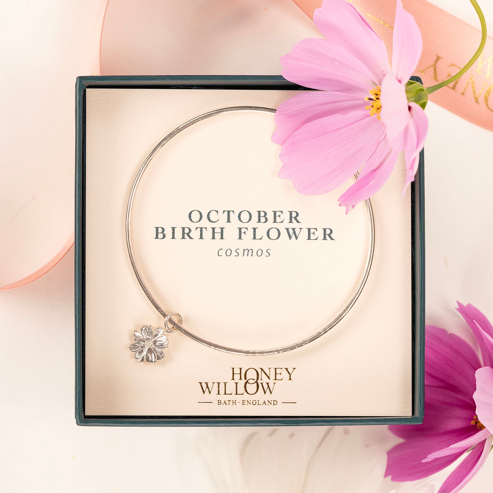 October Birth Flower Jewellery - Personalised Cosmos Bangle - Silver