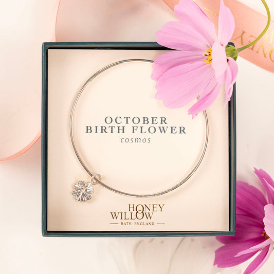 October Birth Flower Jewellery - Personalised Cosmos Bangle - Silver