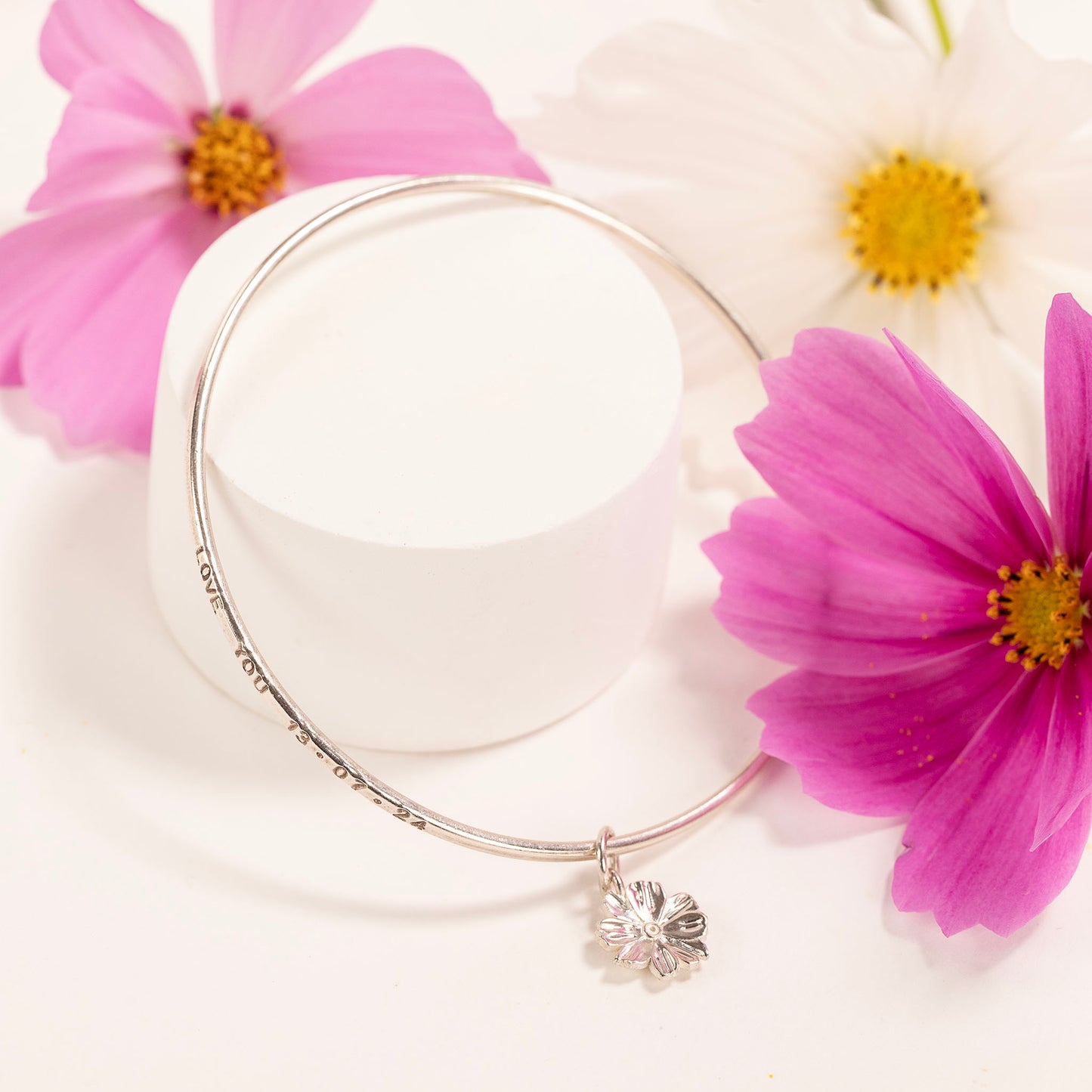 October Birth Flower Jewellery - Personalised Cosmos Bangle - Silver