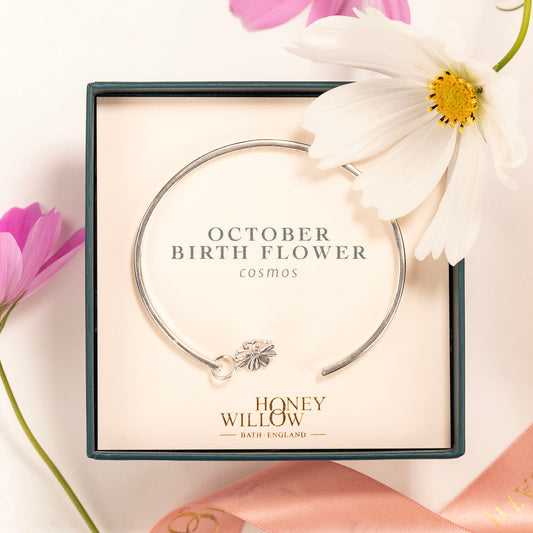 October Birth Flower Jewellery - Personalised Cosmos Torc Bangle - Silver