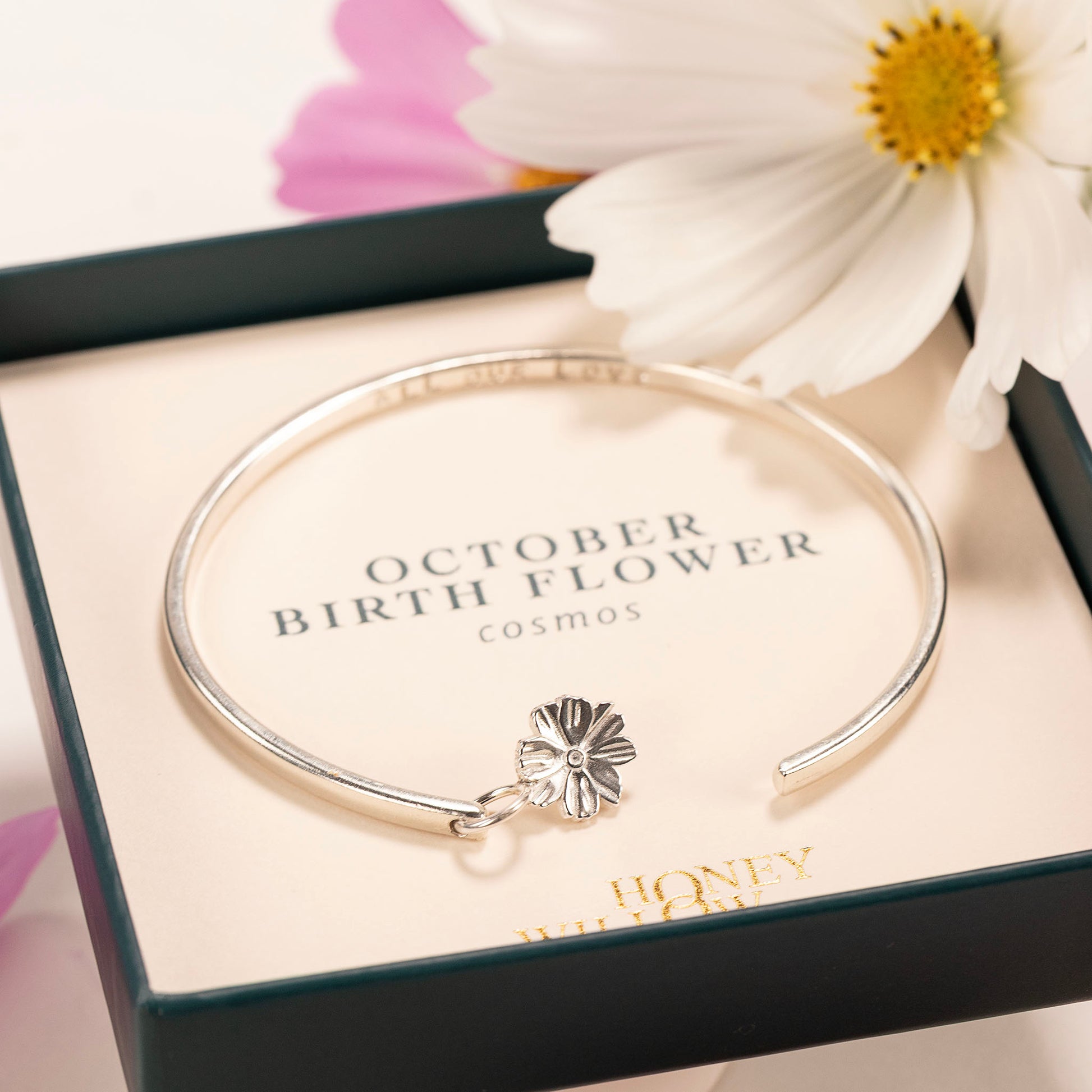 October Birth Flower Jewellery - Personalised Cosmos Torc Bangle - Silver