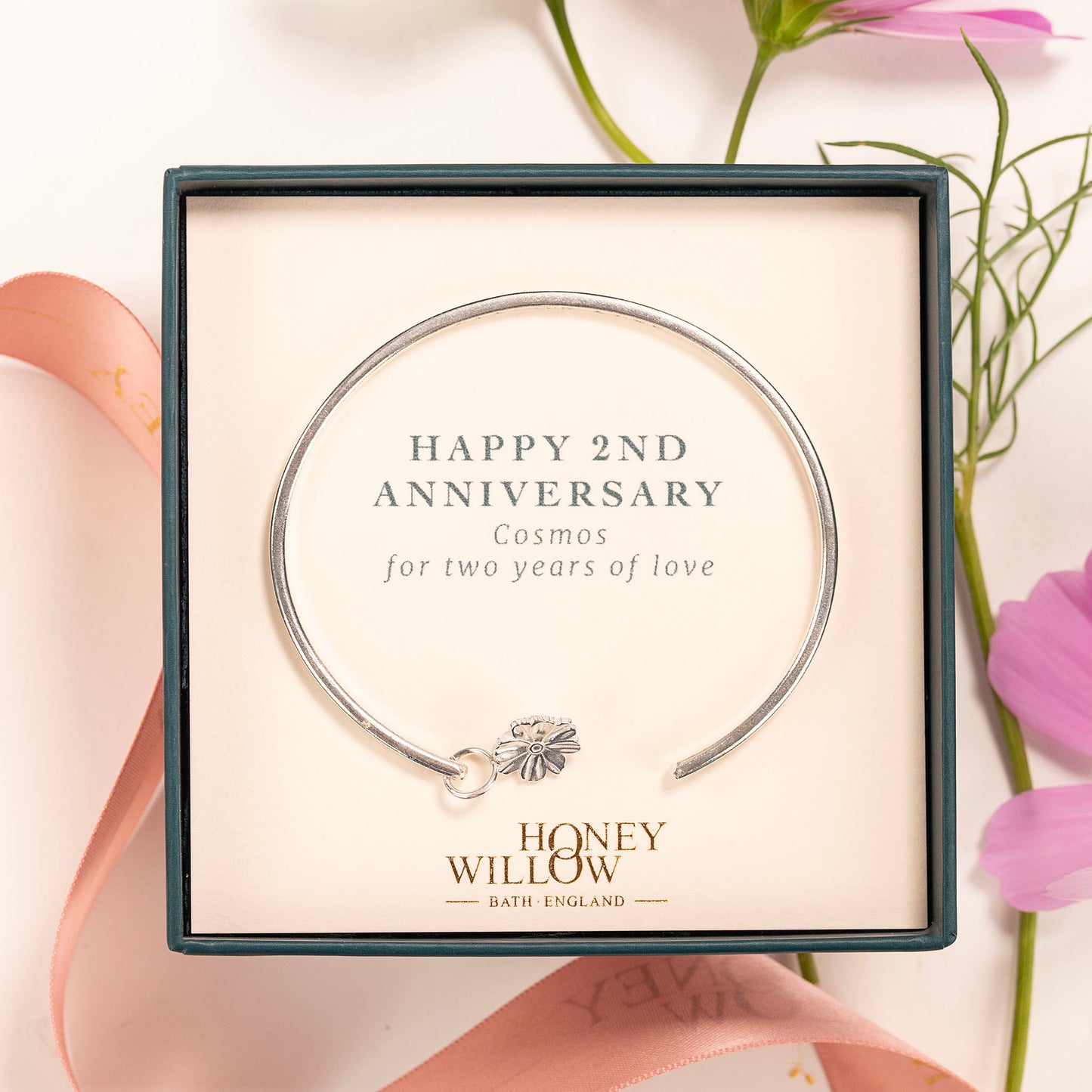 2nd Anniversary Gift - Personalised Cosmos Torc Bangle - Silver