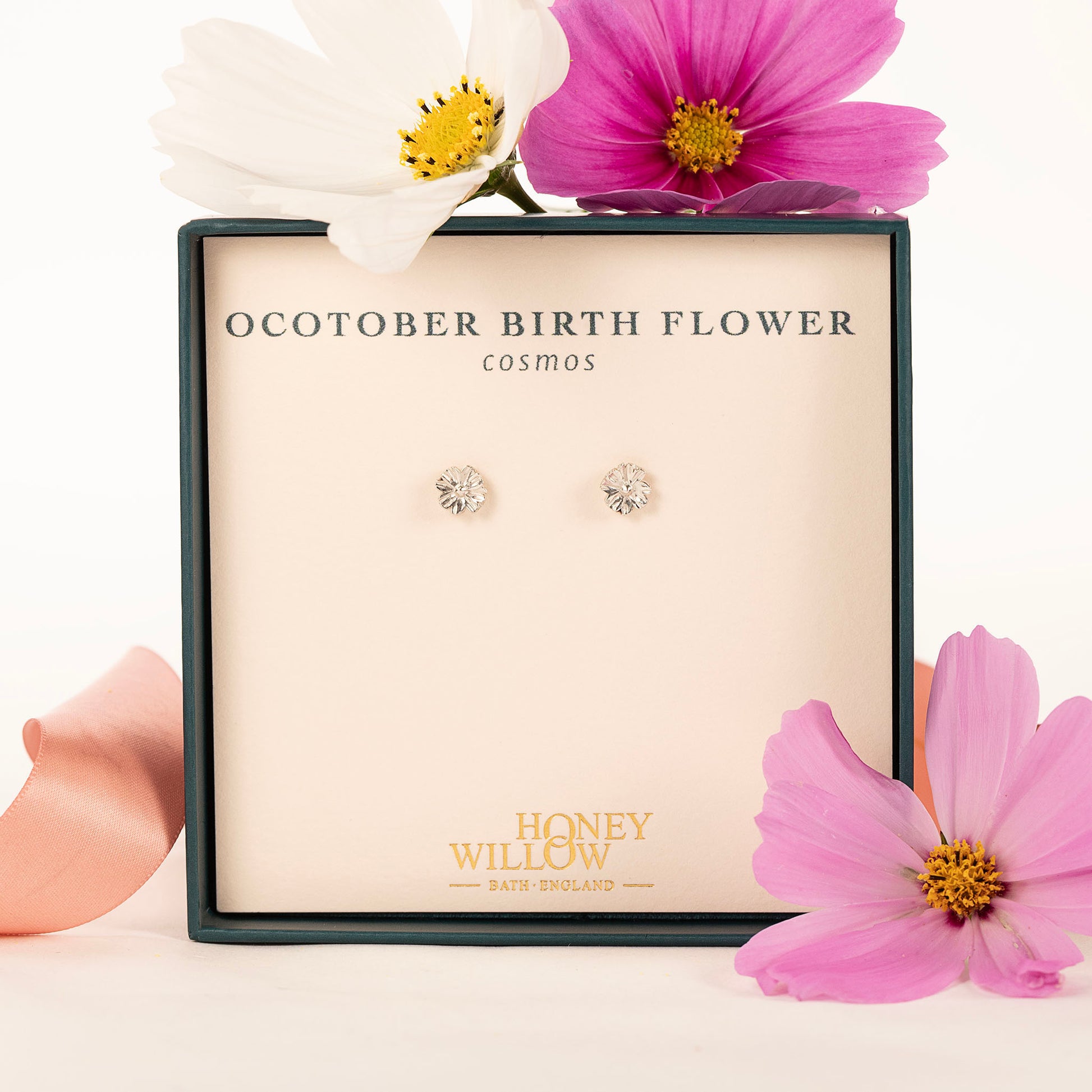 October Birth Flower Stud Earrings - Cosmos - Silver