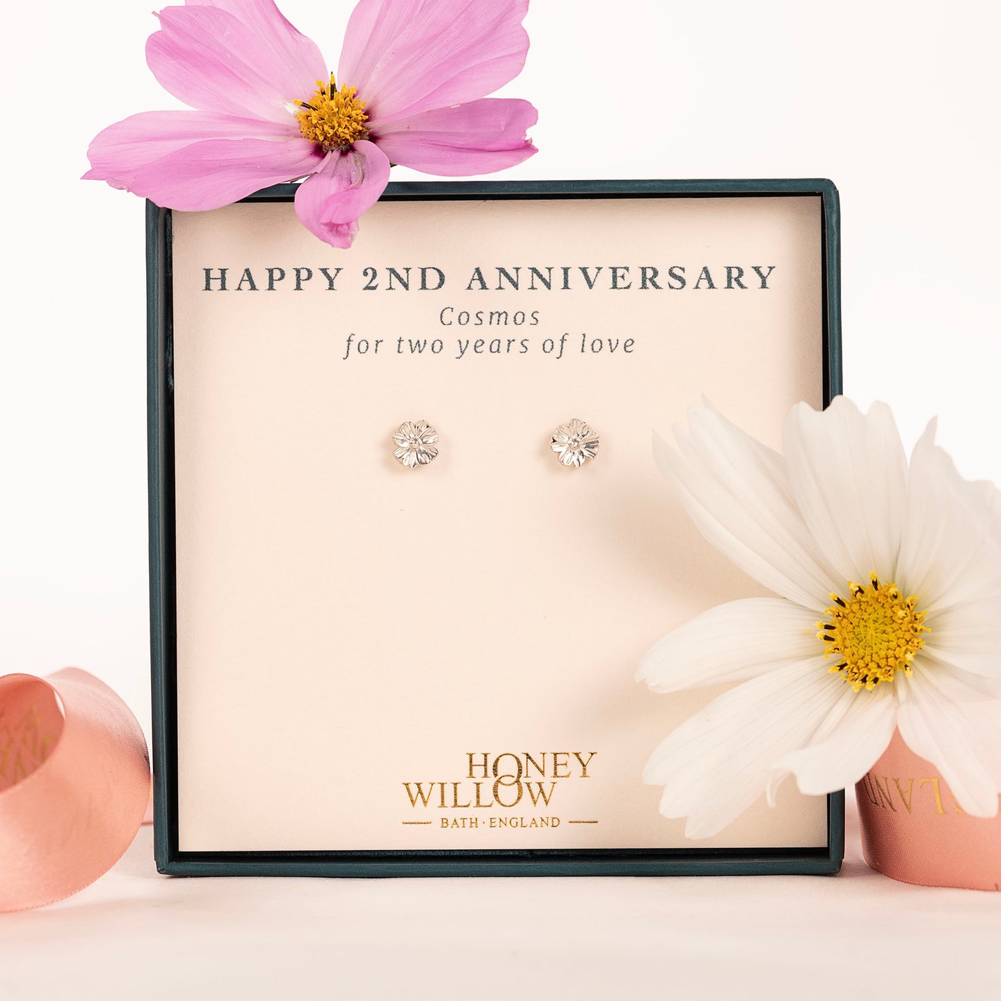 2nd Anniversary Gift - Cosmos Flower Stud Earrings - Silver