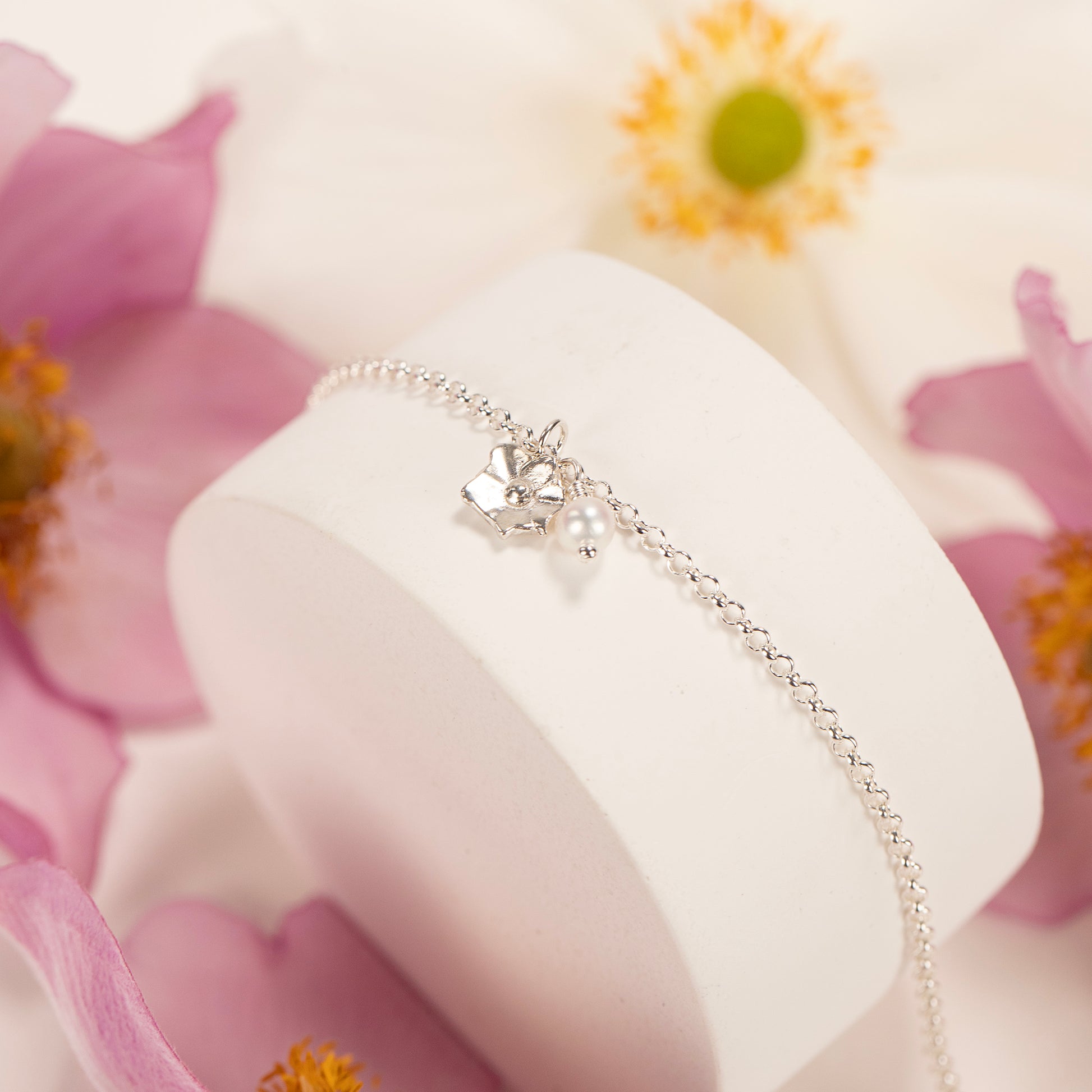 Delicate Windflower Flower Bracelet - Unfading Love - Silver & Pearl