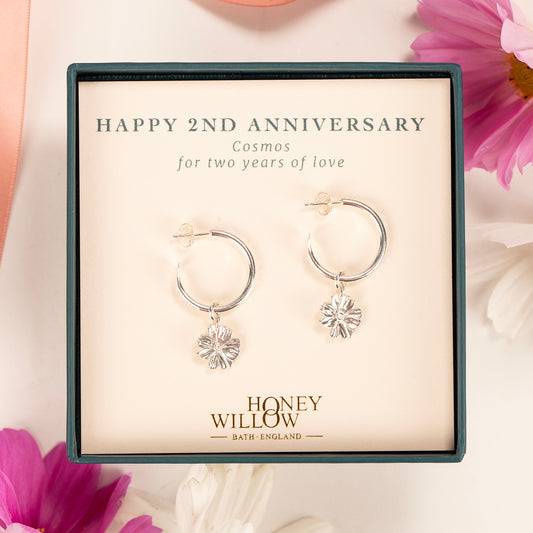 2nd Anniversary Gift - Cosmos Hoop Earrings - Silver - 2cm