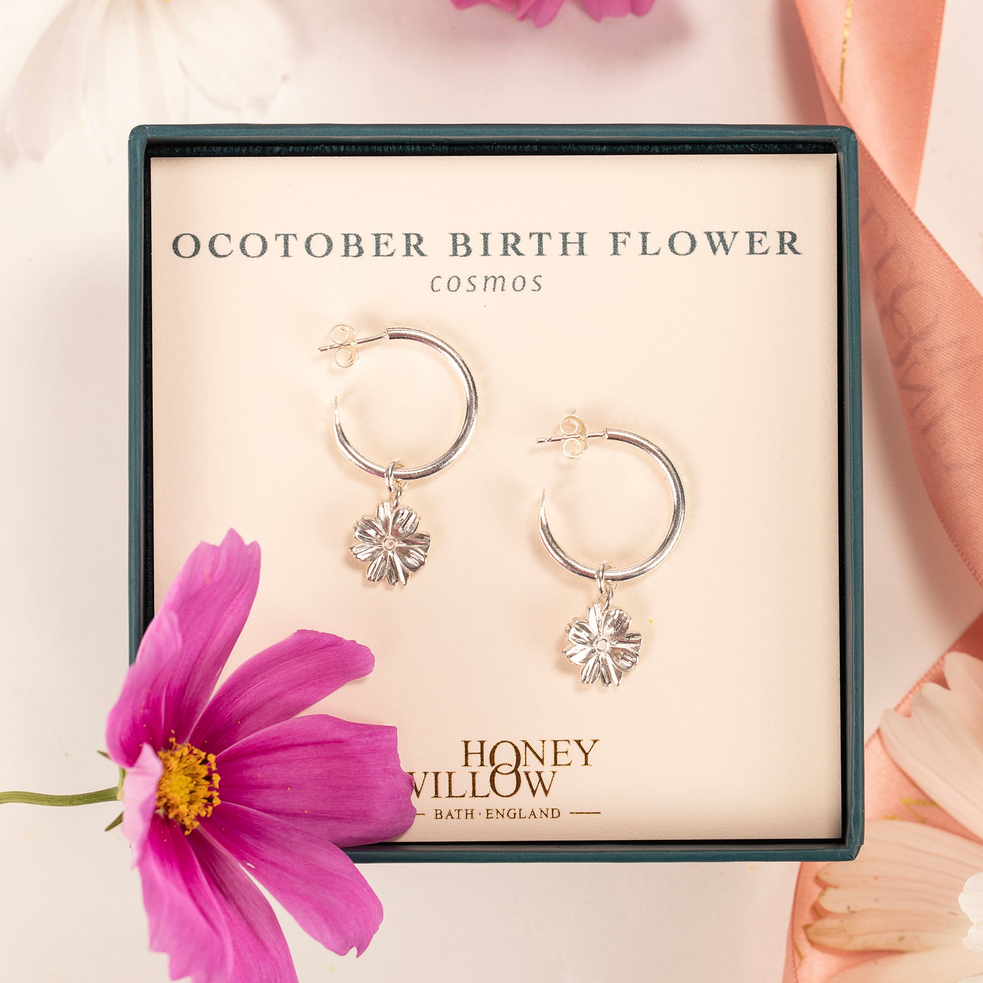 October Birth Flower Hoop Earrings - Cosmos - Silver - 2cm