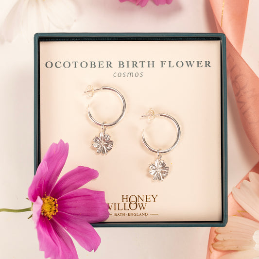 October Birth Flower Hoop Earrings - Cosmos - Silver - 2cm