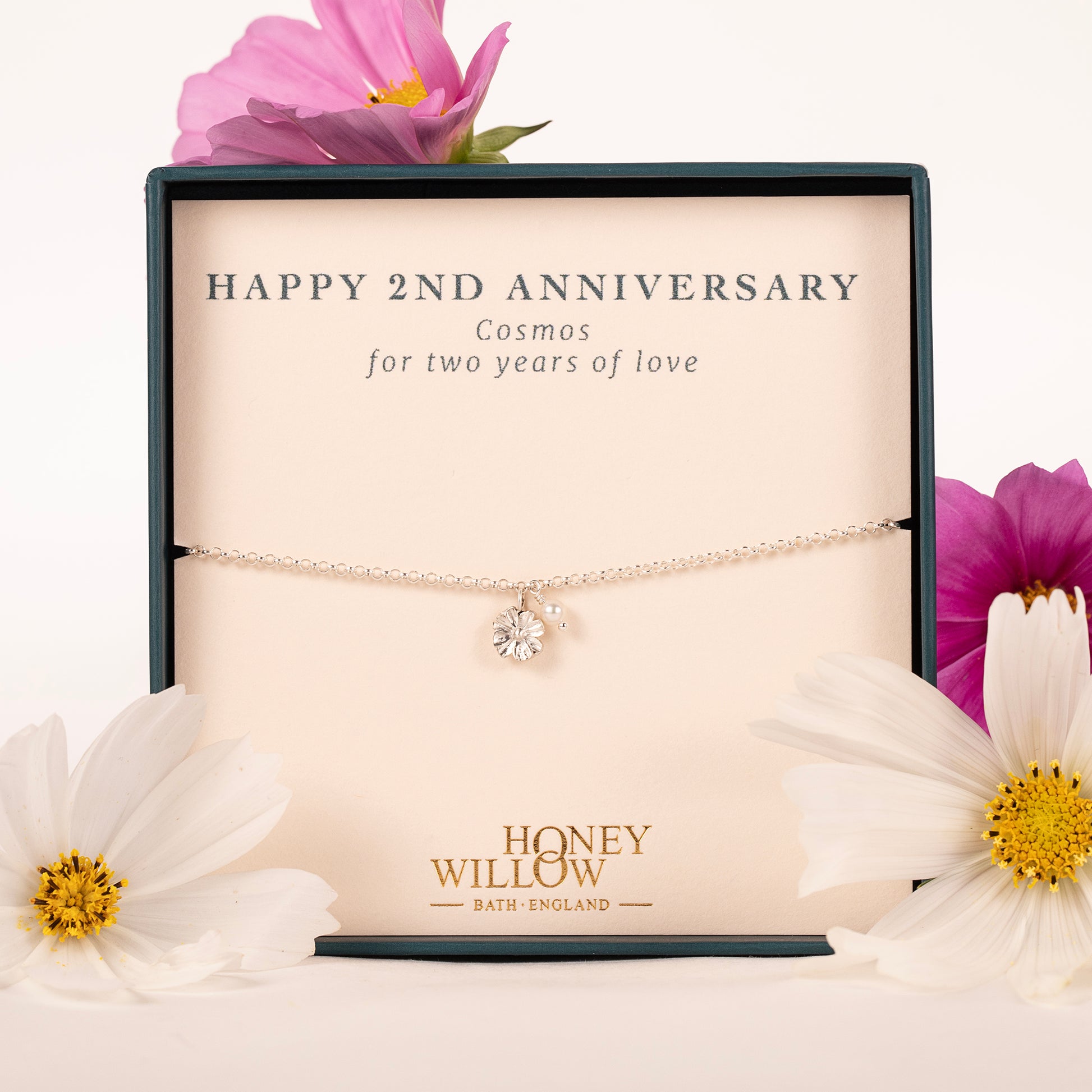 2nd Anniversary Gift - Delicate Cosmos & Pearl Bracelet - Silver