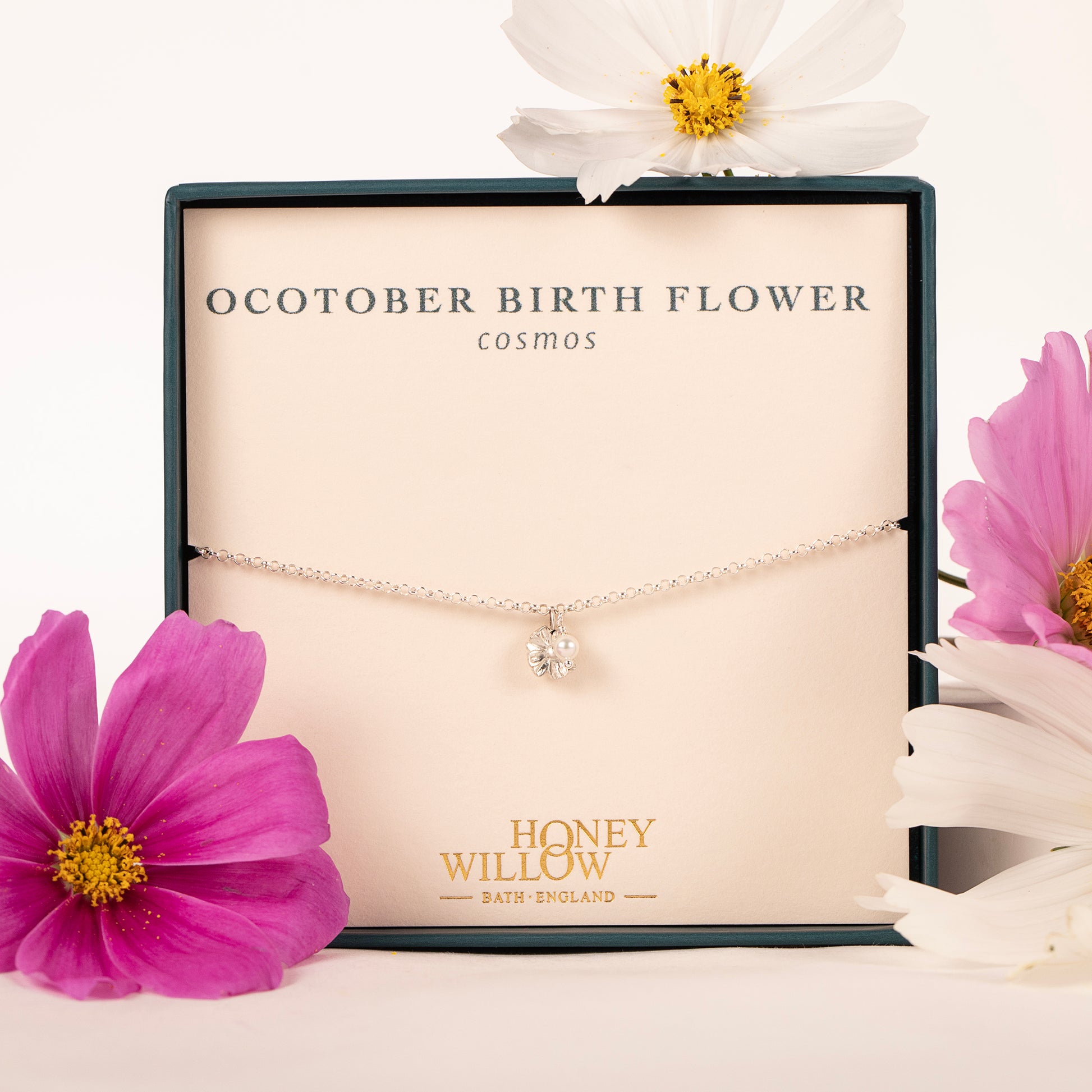October Birth Flower Bracelet - Cosmos & Pearl - Silver