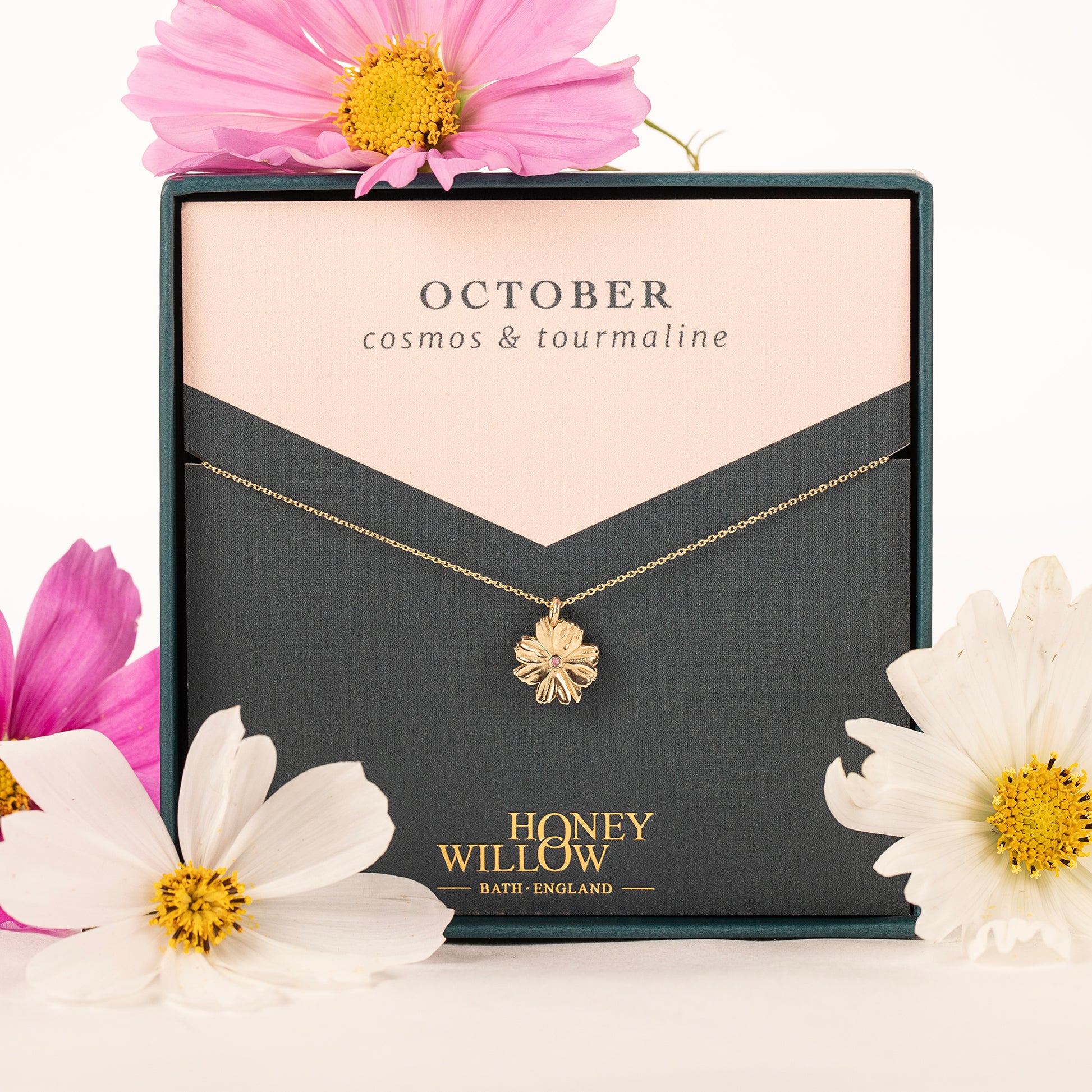 October Birth Flower & Birthstone Necklace - Cosmos & Tourmaline - 9kt Gold