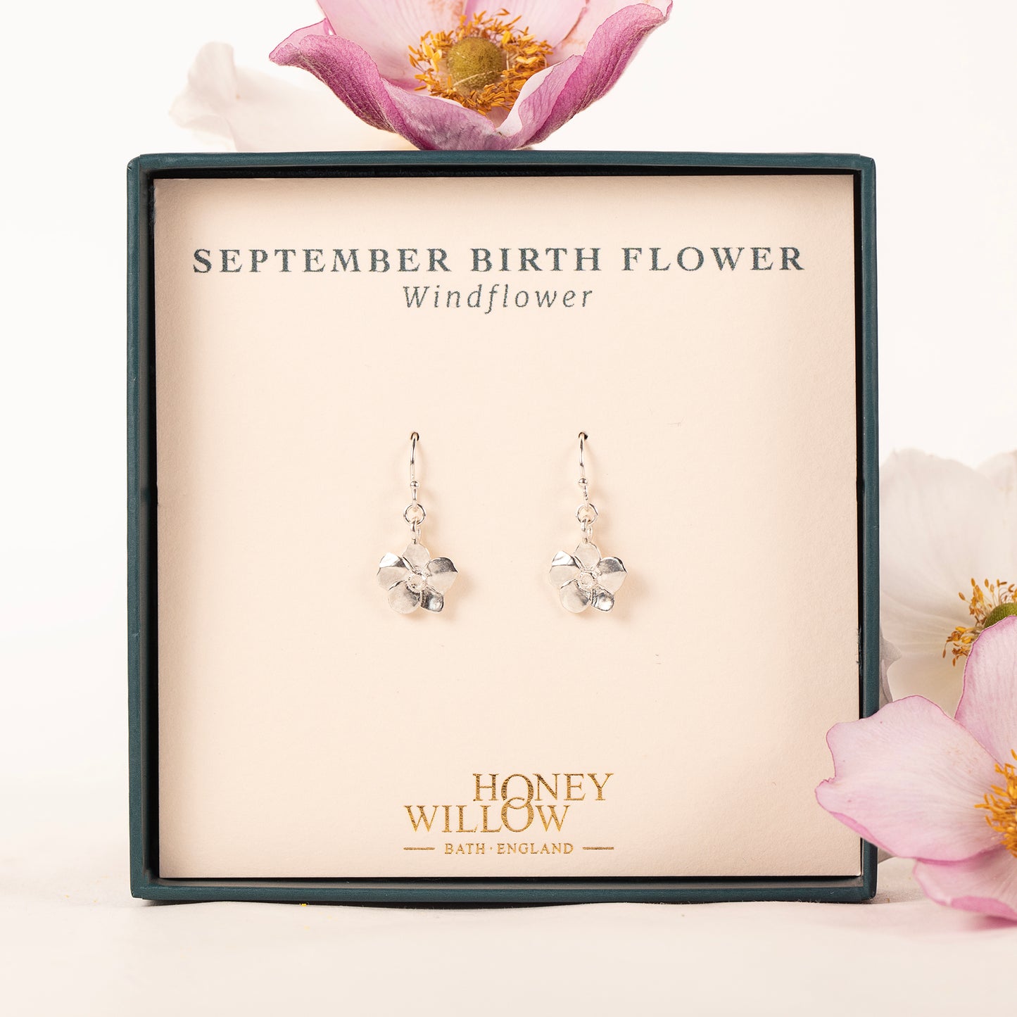 September Birth Flower Earrings - Windflower - Silver