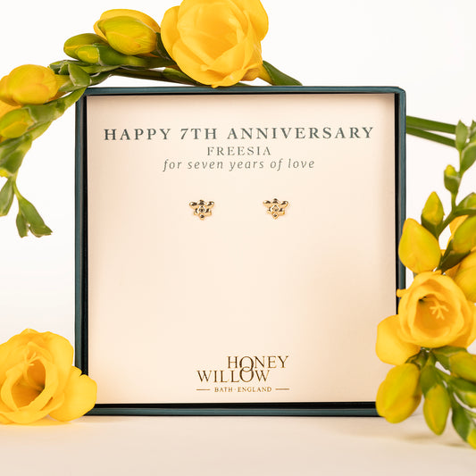 7th Anniversary Gift - Freesia Flower Stud Earrings - 9kt Gold