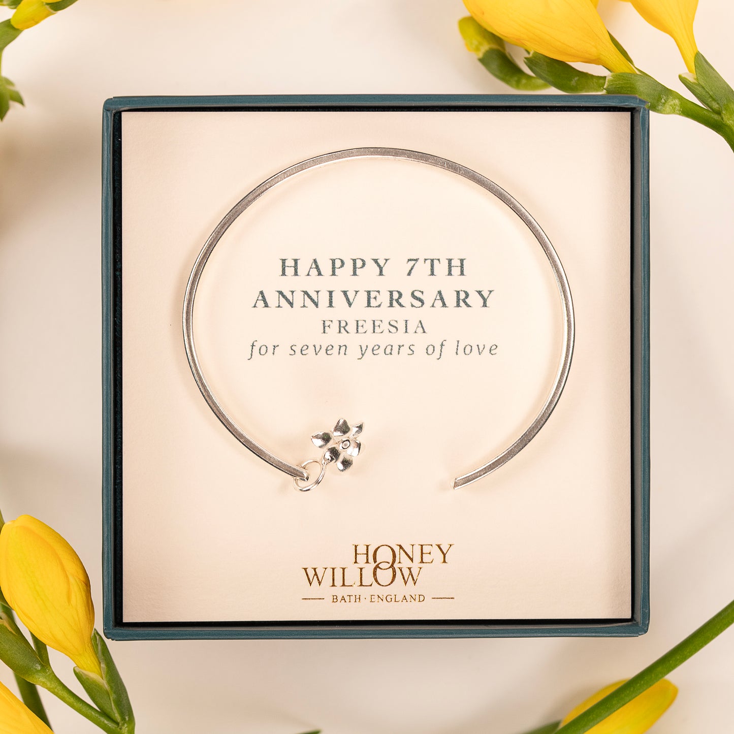 7th Anniversary Gift - Personalised Freesia Torc Bangle - Silver