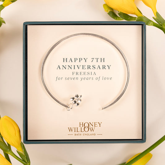 7th Anniversary Gift - Personalised Freesia Torc Bangle - Silver